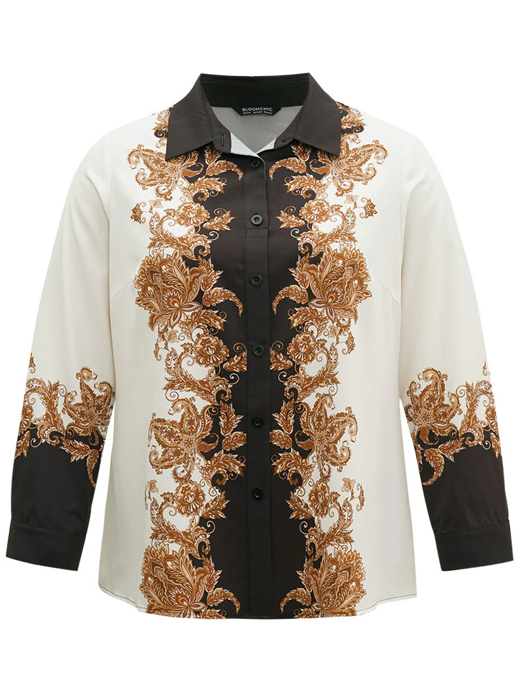 Boho Print Contrast Shirt Collar Blouse - Image 6