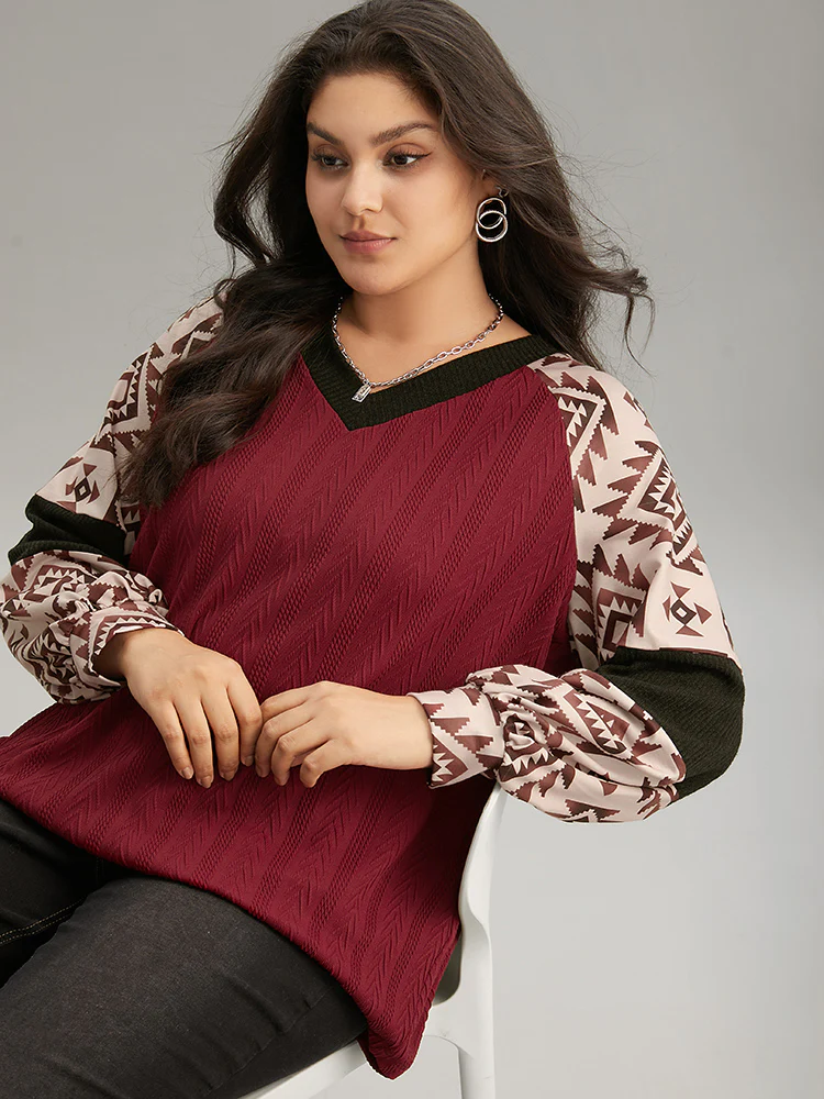 Boho Print Contrast Texture Rib Knit Raglan Sleeve Sweatshirt - Image 2