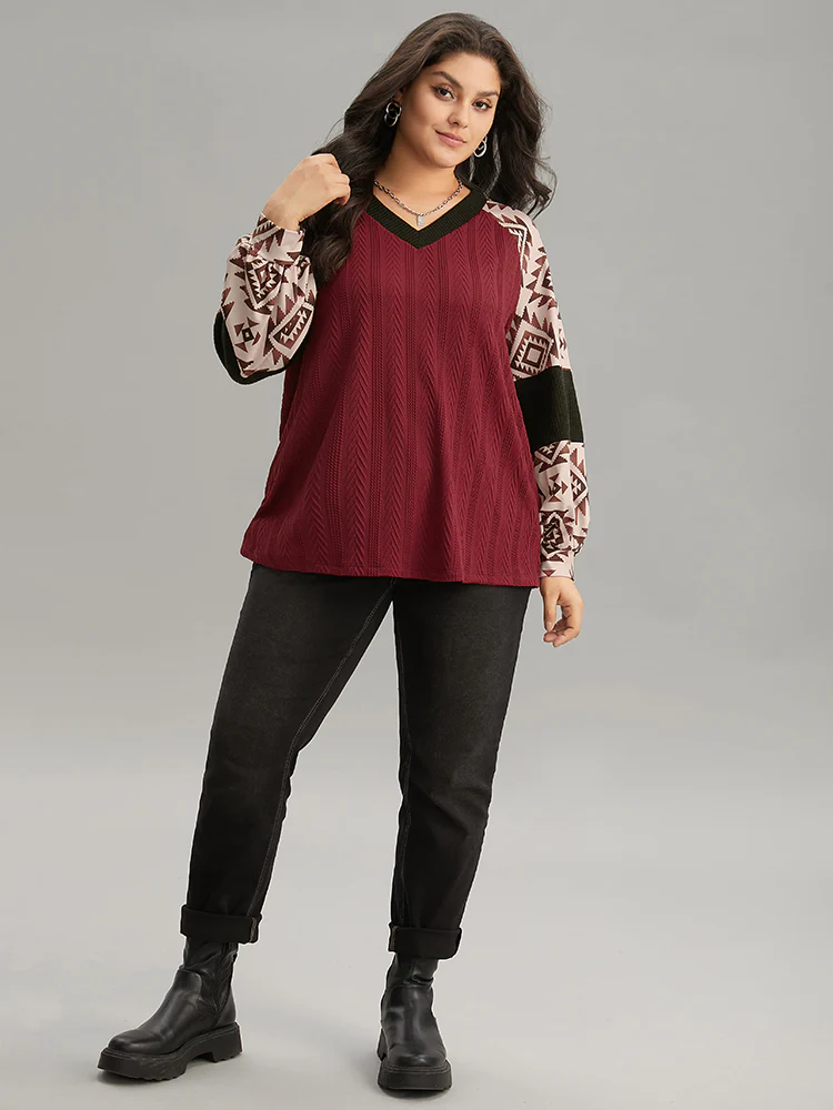 Boho Print Contrast Texture Rib Knit Raglan Sleeve Sweatshirt - Image 3
