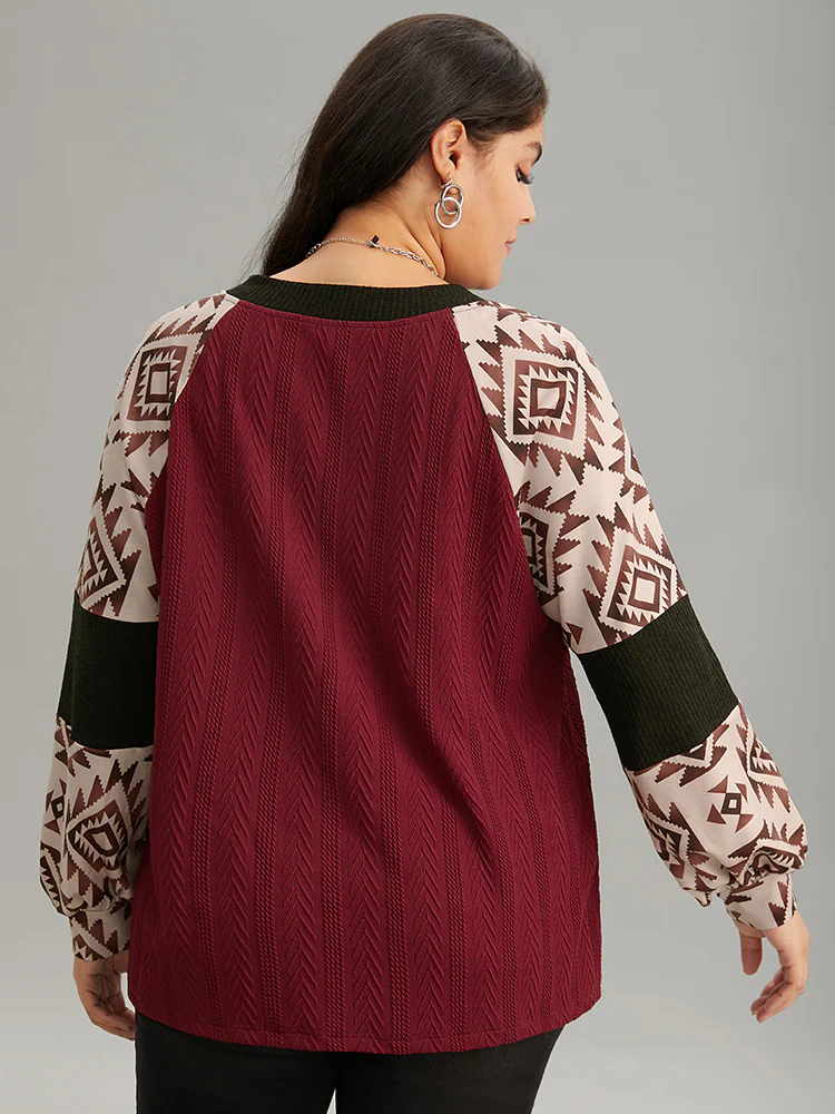 Boho Print Contrast Texture Rib Knit Raglan Sleeve Sweatshirt - Image 4