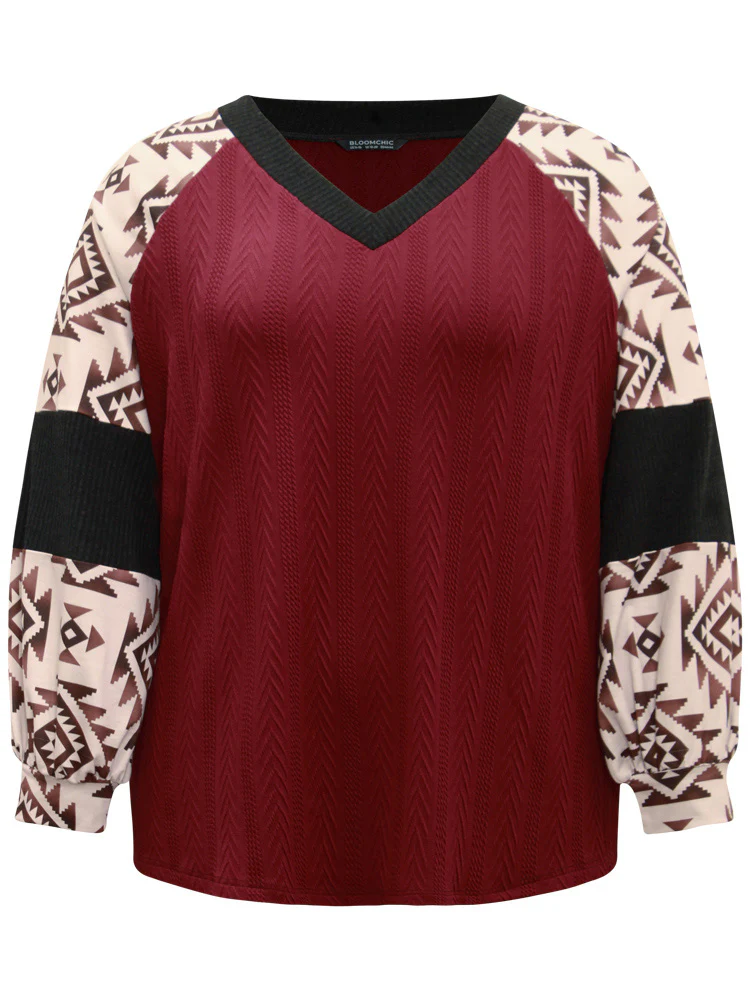 Boho Print Contrast Texture Rib Knit Raglan Sleeve Sweatshirt - Image 5