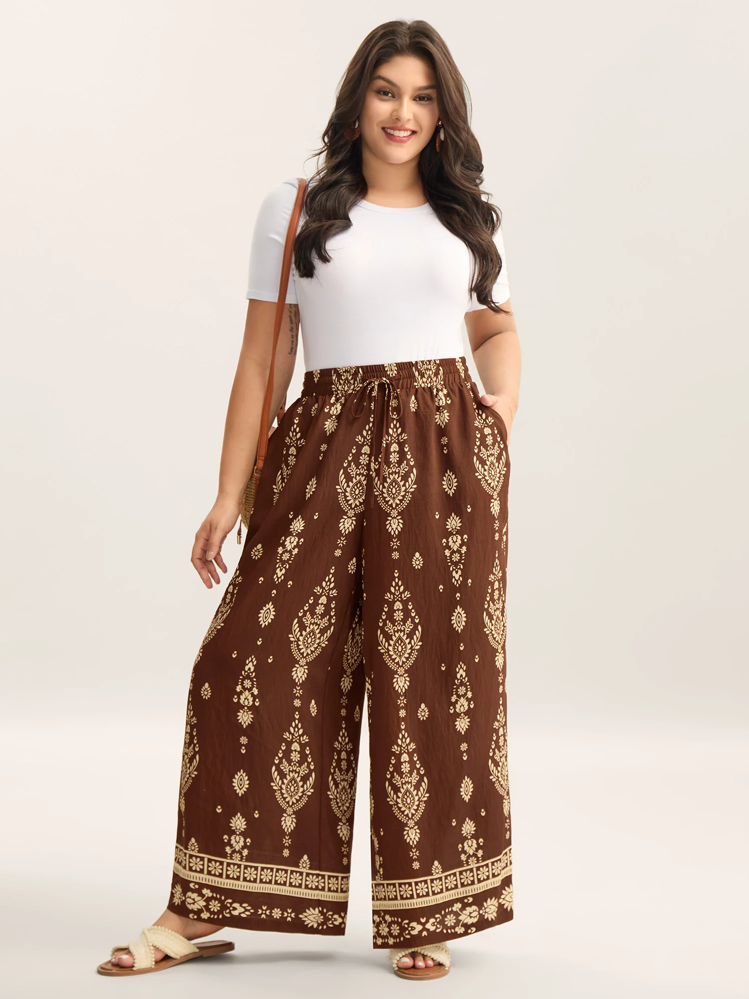 Boho Print Drawstring Wide-Leg Pants - Image 3