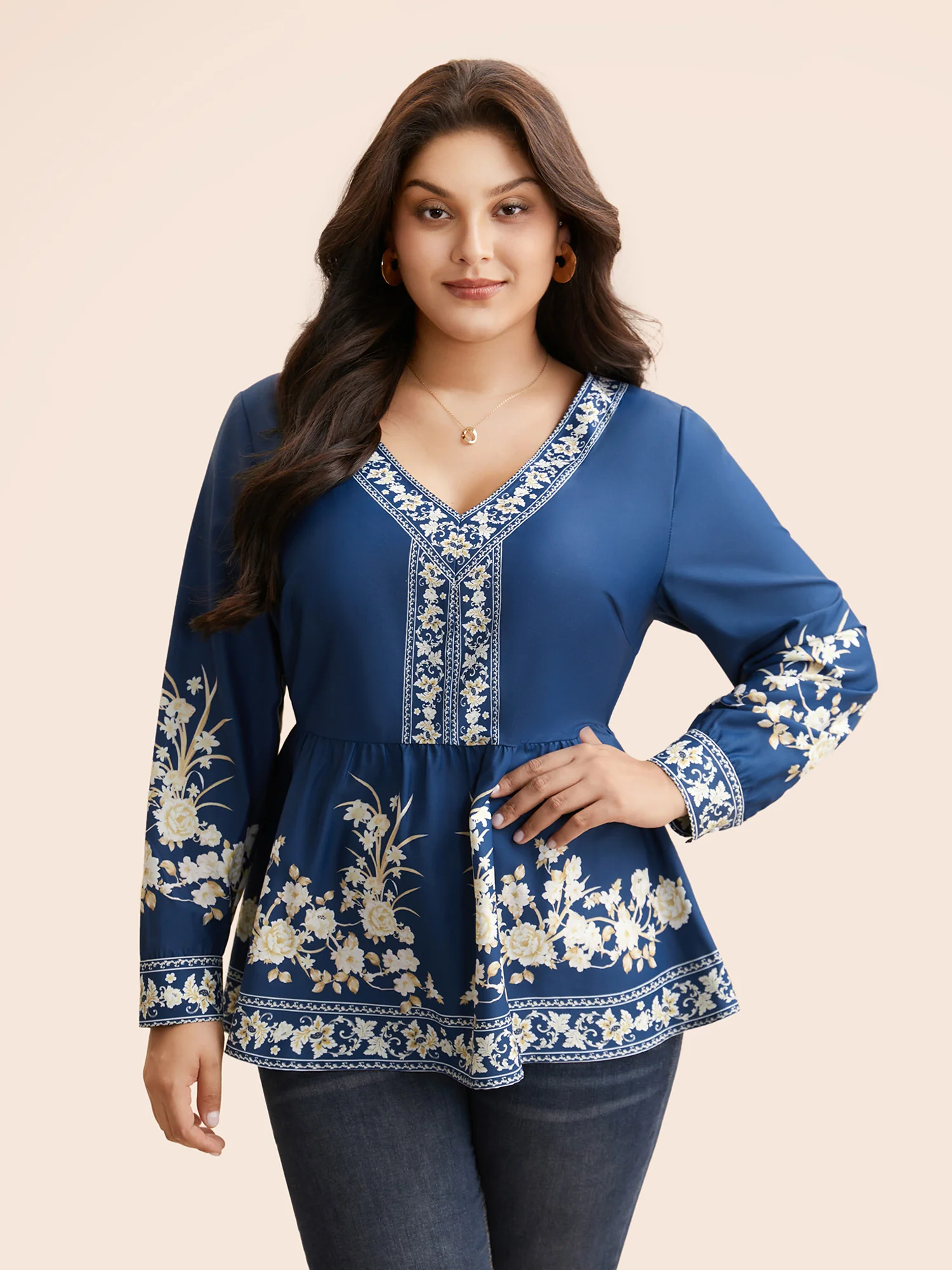 Boho Print Elastic Waist Gathered Blouse - Image 2
