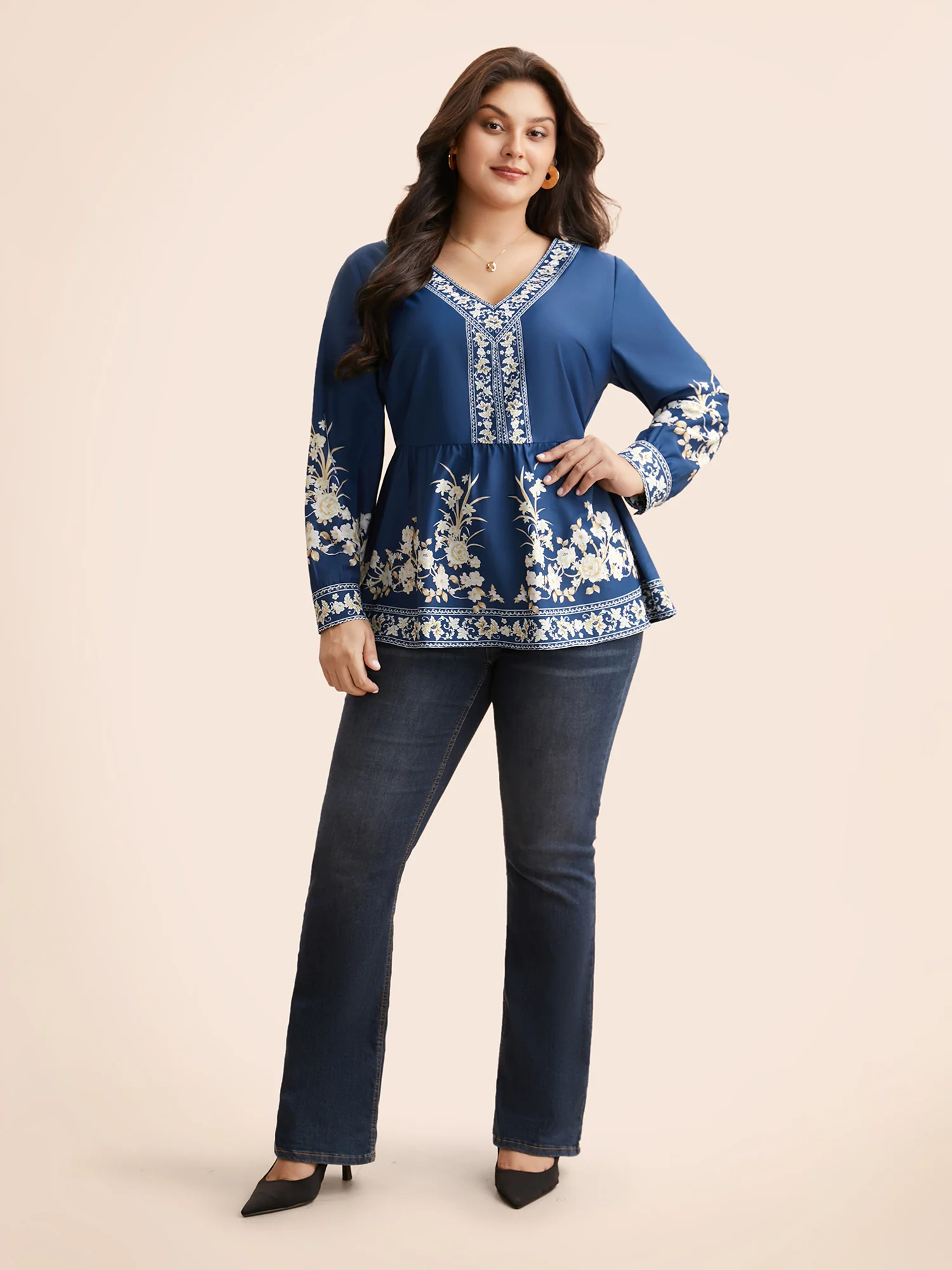 Boho Print Elastic Waist Gathered Blouse - Image 3