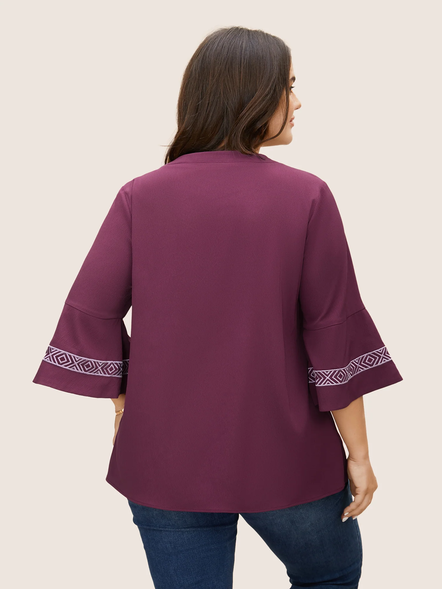 Boho Print Embroidered Gathered Notched Blouse - Image 10
