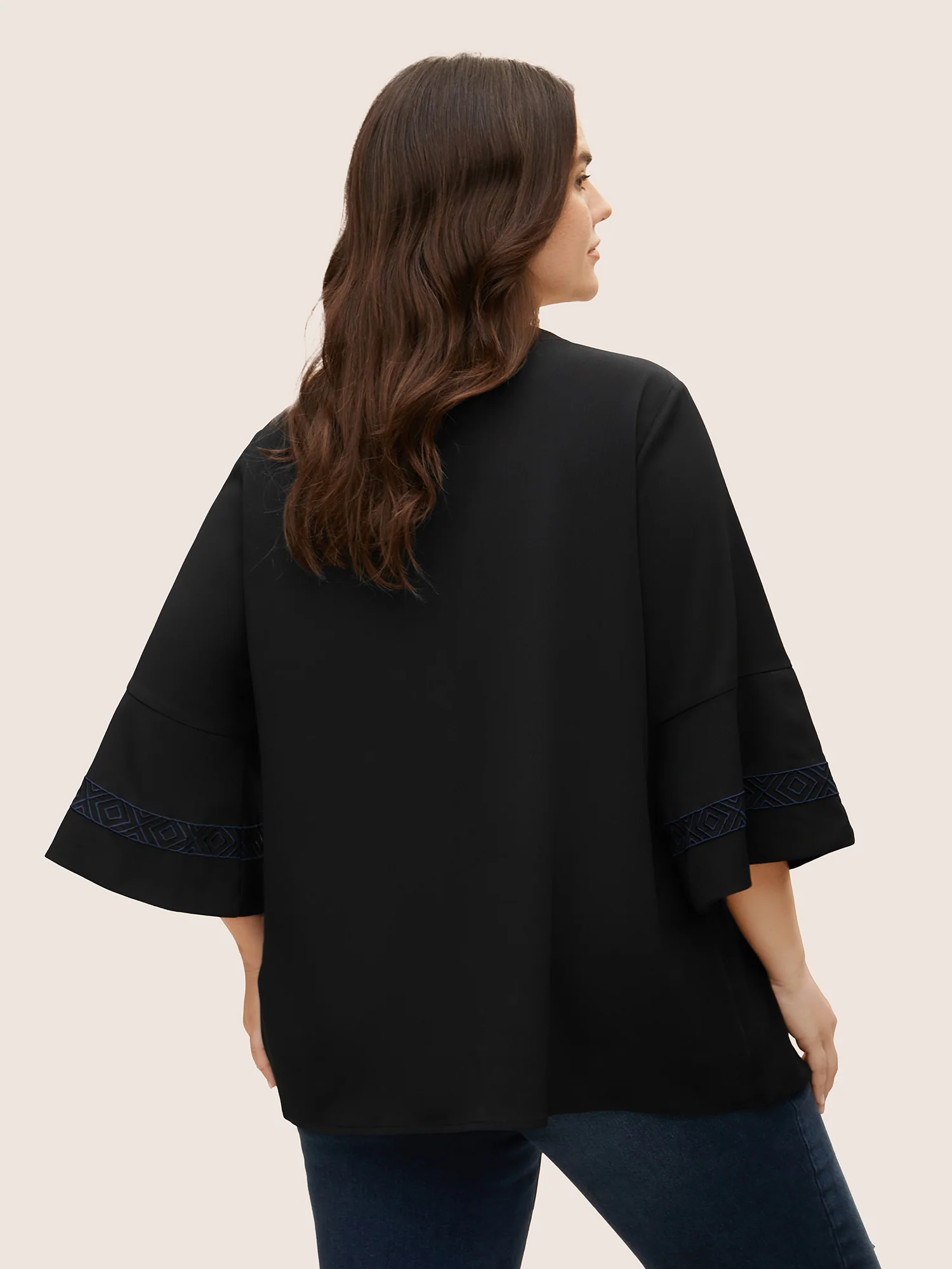 Boho Print Embroidered Gathered Notched Blouse - Image 2