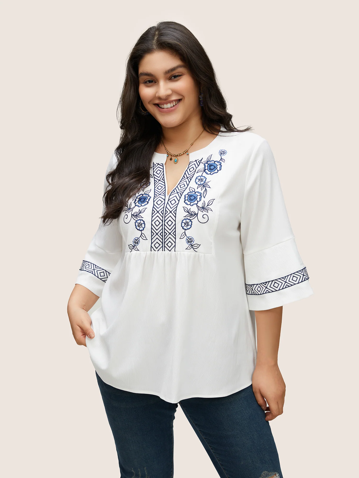 Boho Print Embroidered Gathered Notched Blouse - Image 3