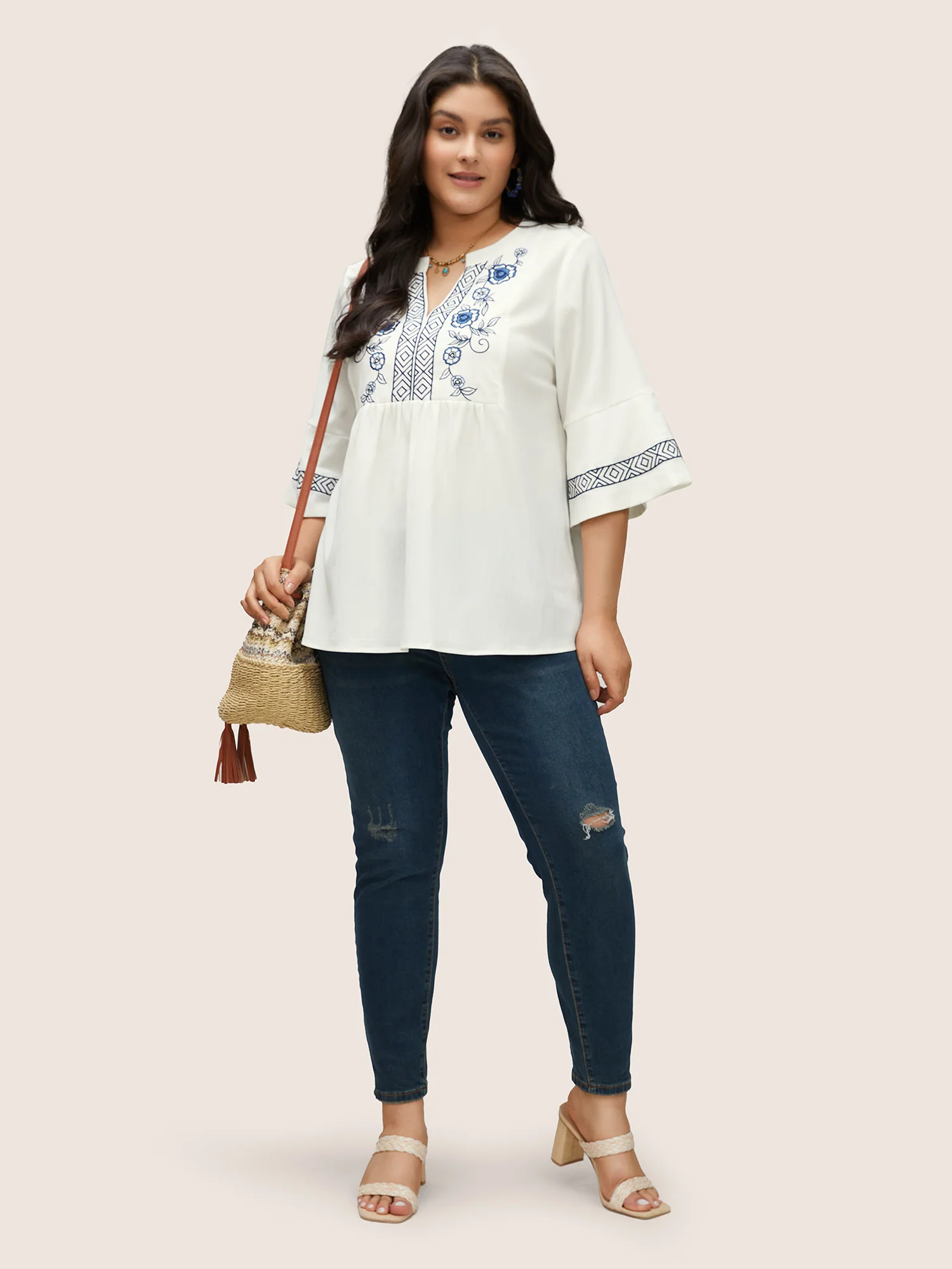 Boho Print Embroidered Gathered Notched Blouse - Image 4