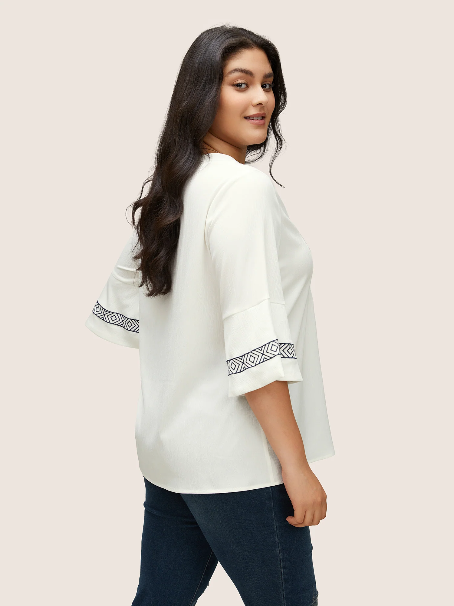 Boho Print Embroidered Gathered Notched Blouse - Image 6