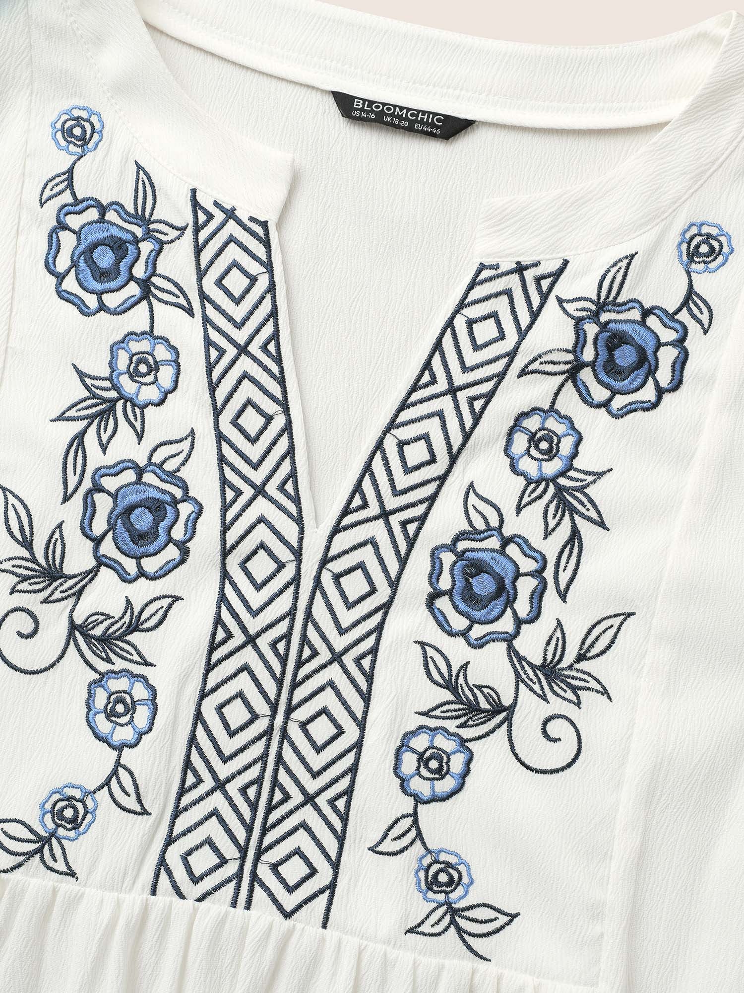Boho Print Embroidered Gathered Notched Blouse - Image 7