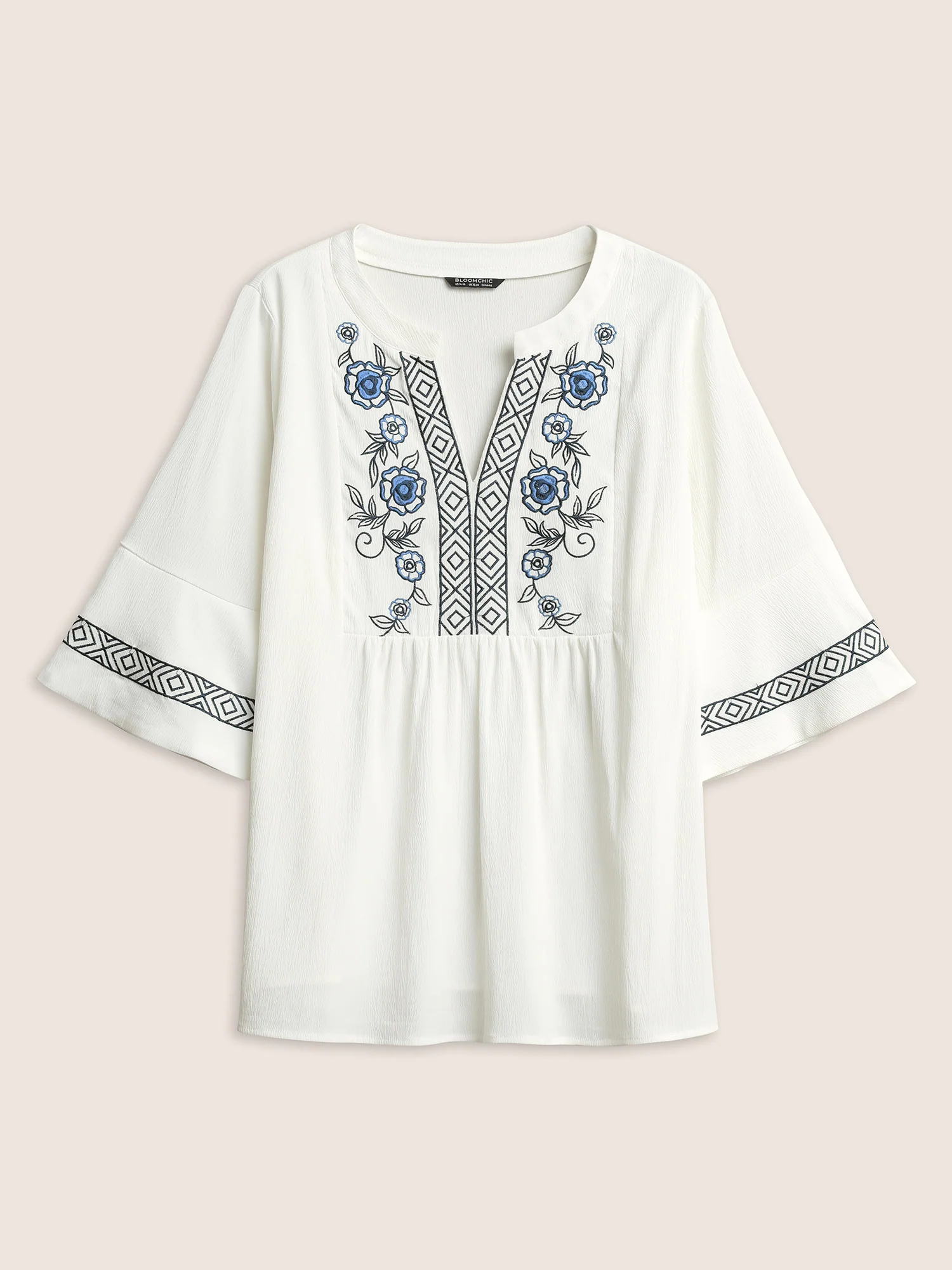 Boho Print Embroidered Gathered Notched Blouse - Image 8