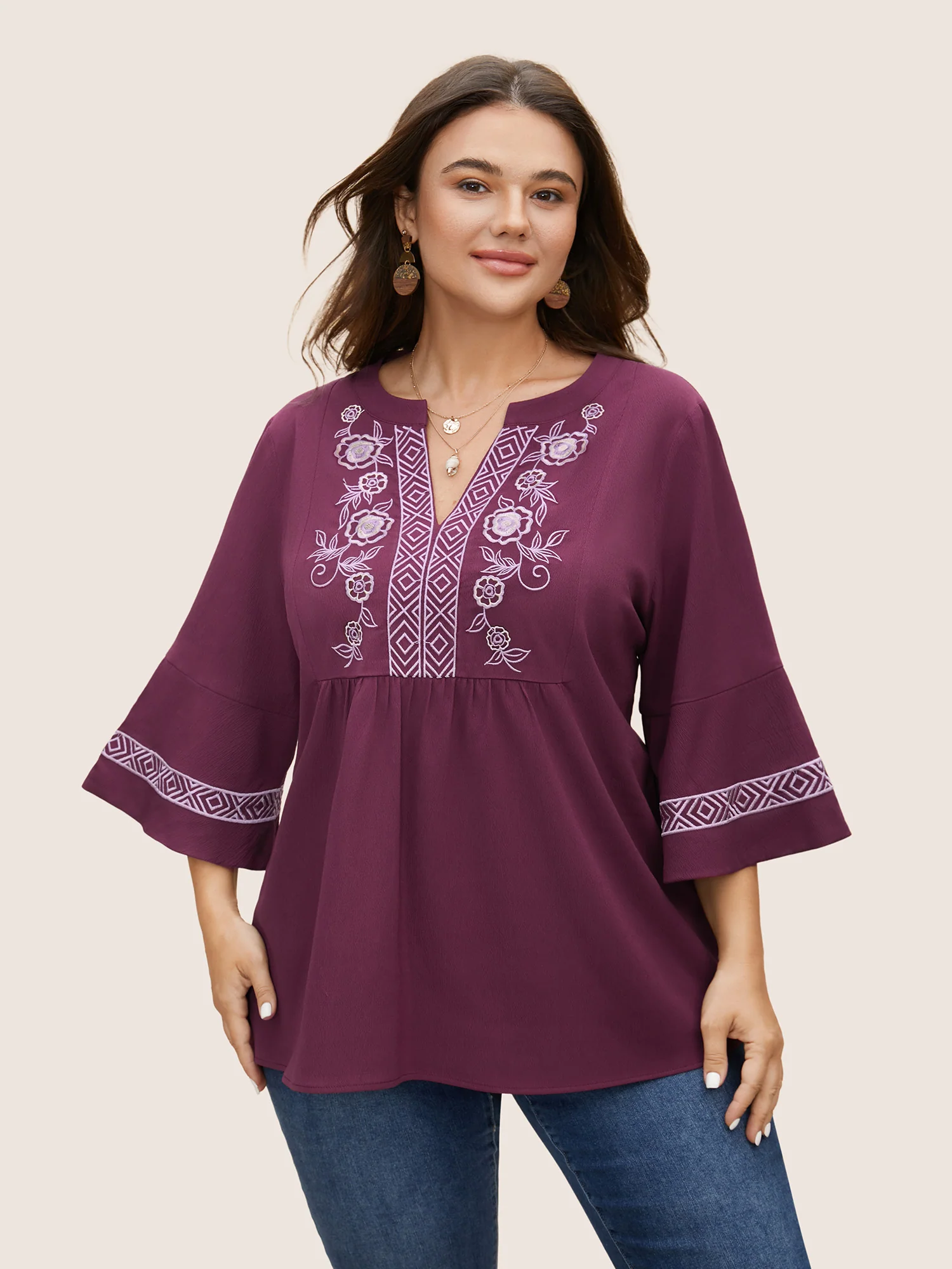 Boho Print Embroidered Gathered Notched Blouse - Image 9
