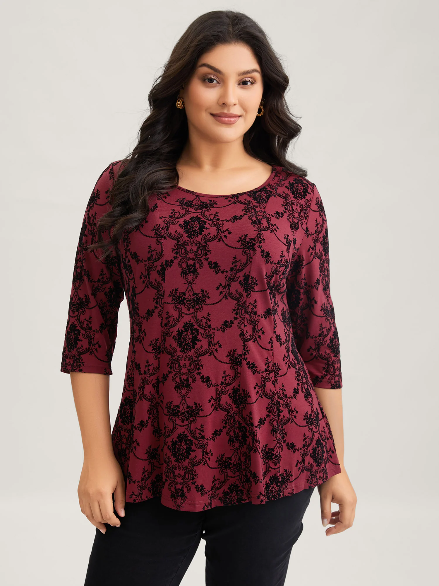 Boho Print Flocking Knit Slim-Fit Top