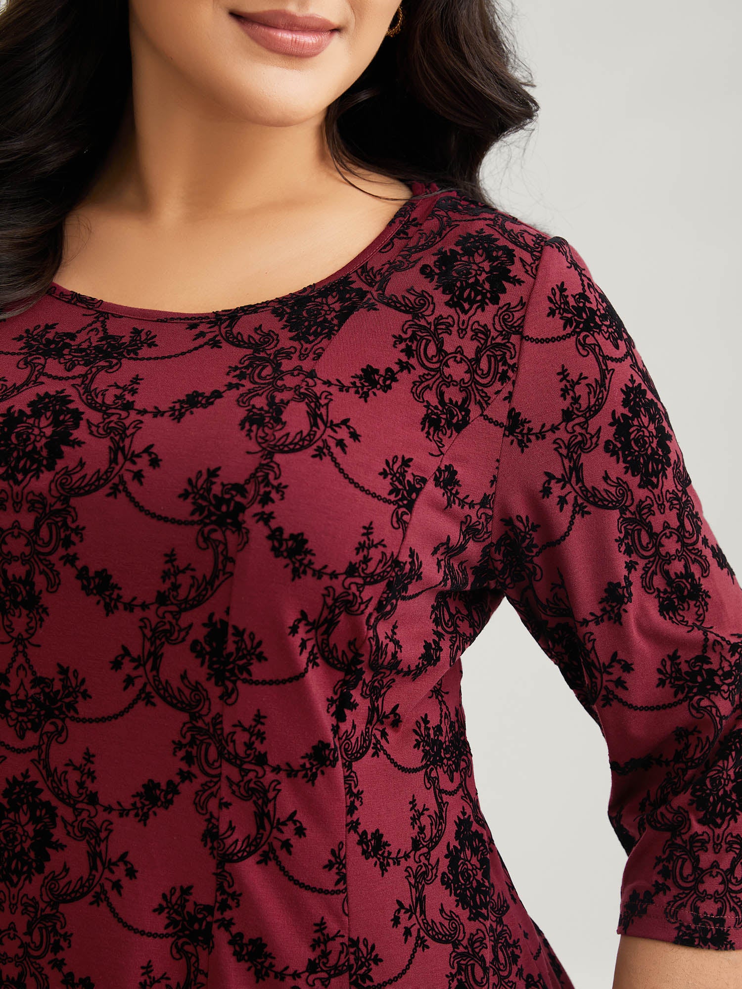 Boho Print Flocking Knit Slim-Fit Top - Image 2