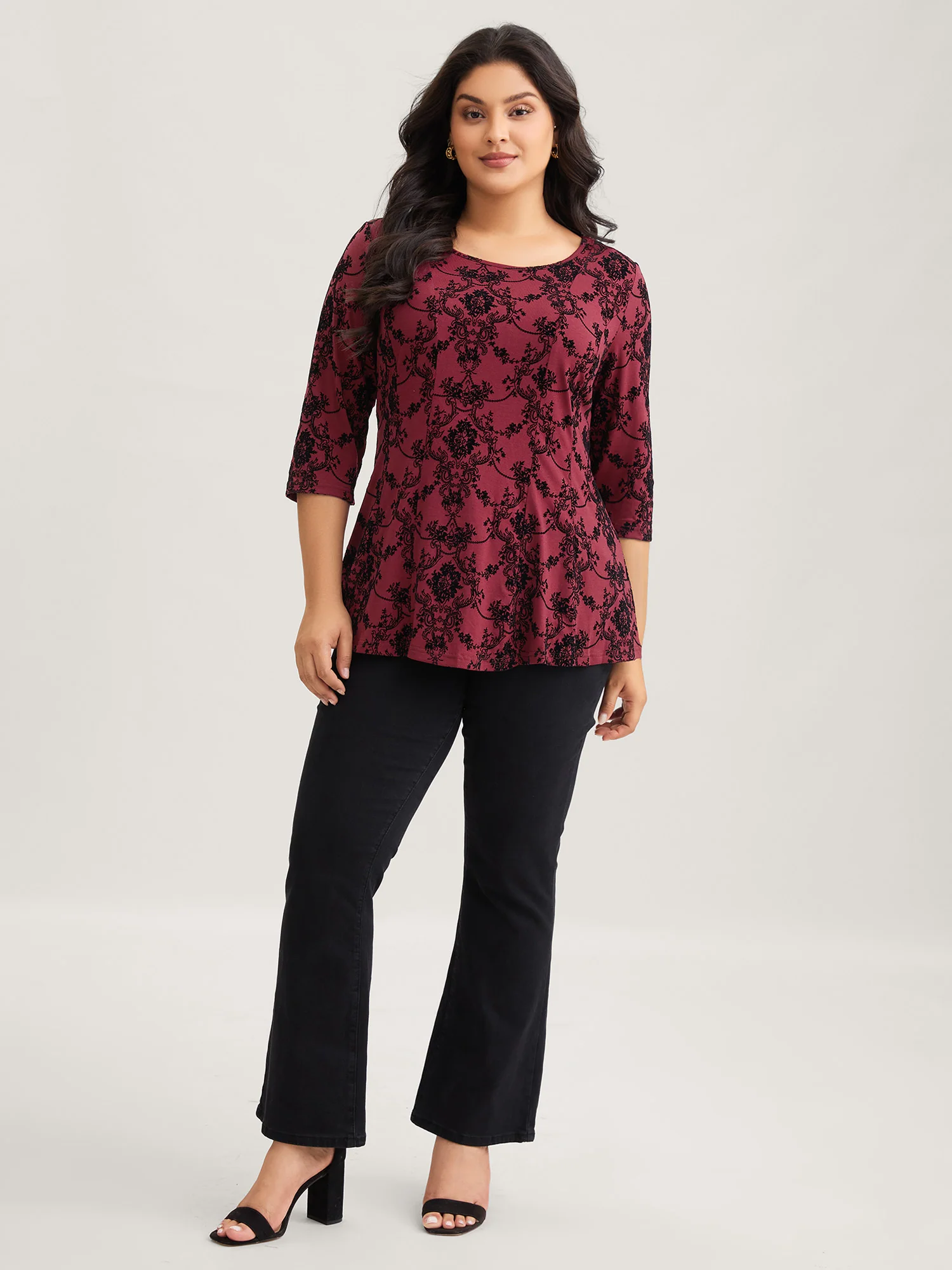 Boho Print Flocking Knit Slim-Fit Top - Image 3