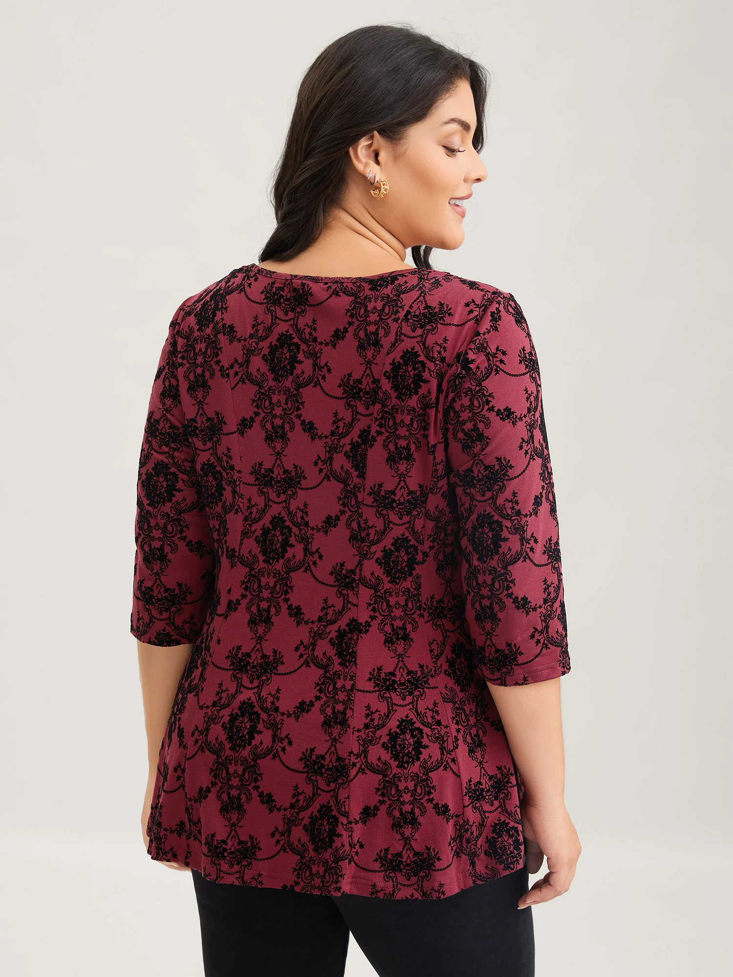 Boho Print Flocking Knit Slim-Fit Top - Image 4