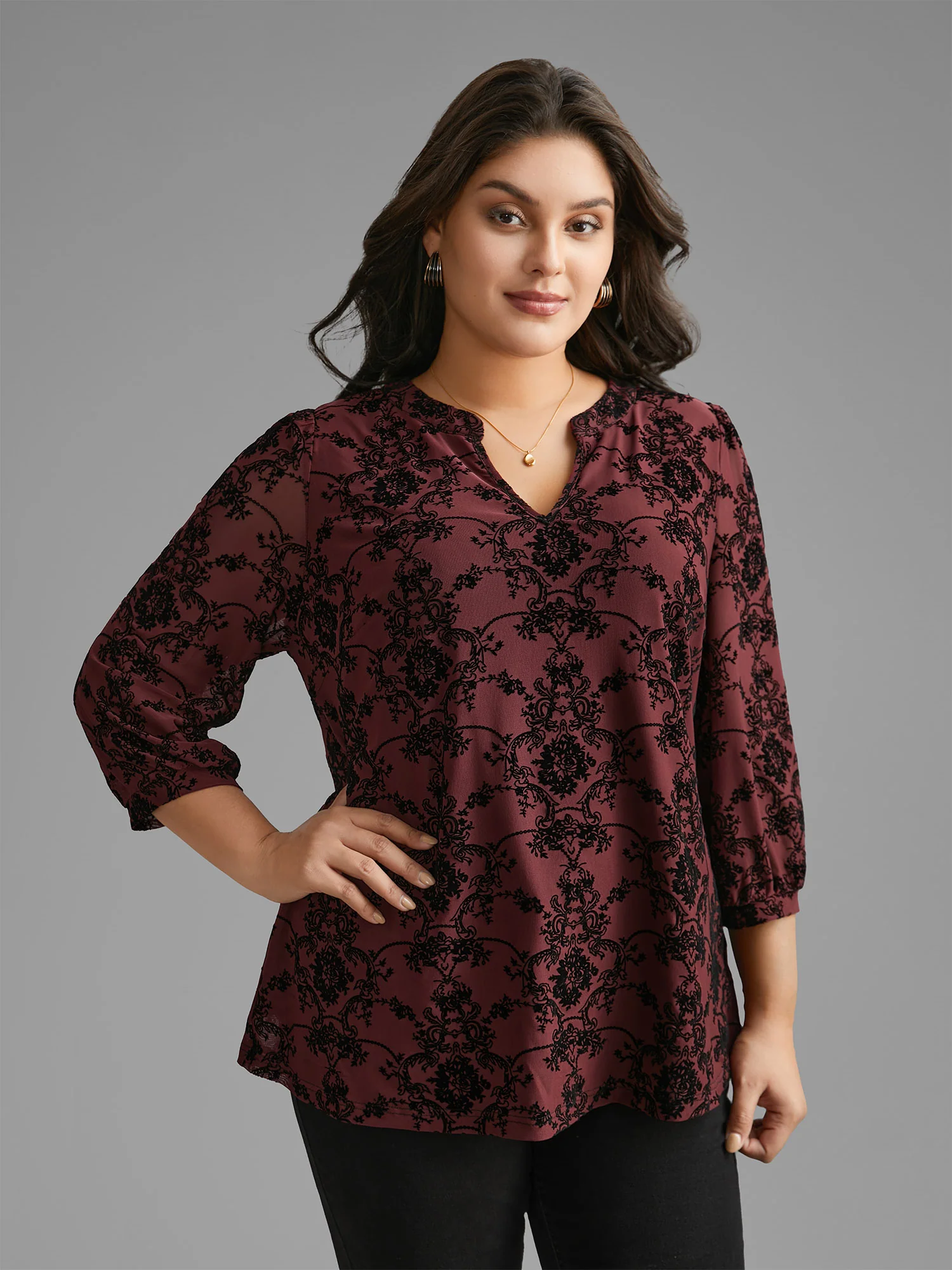 Boho Print Flocking Mesh Blouse - Image 2