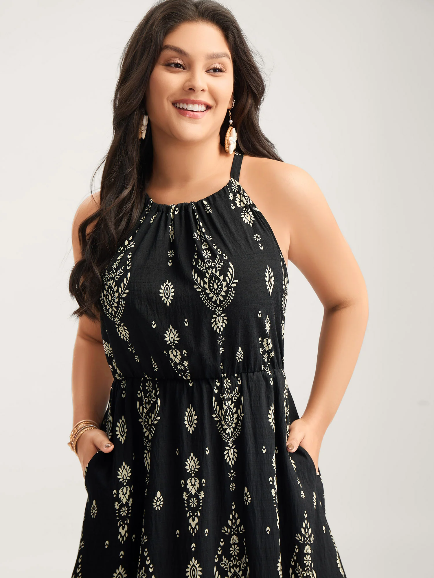 Boho Print Halter Neck Pockets Midi Dress - Image 2