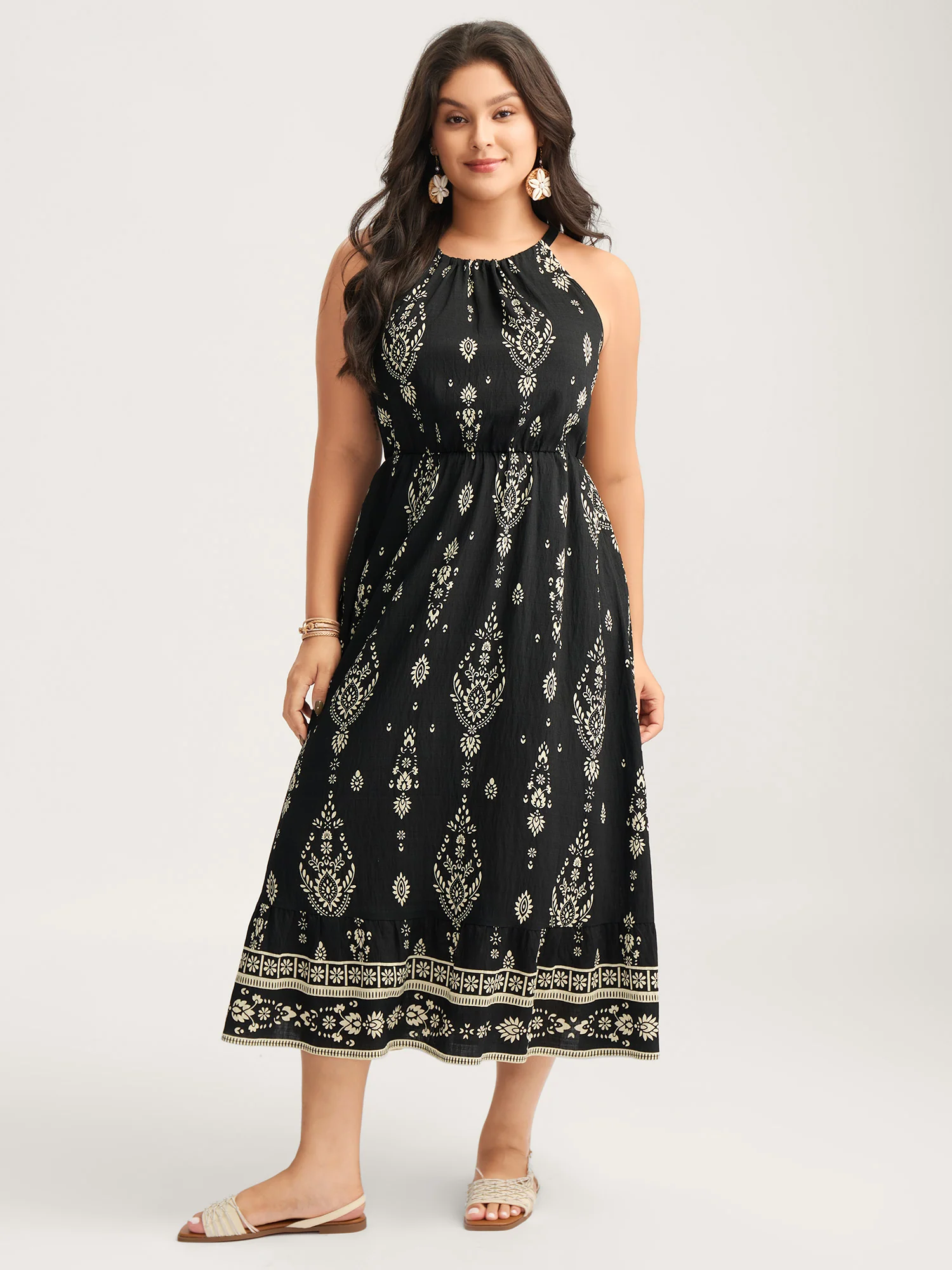 Boho Print Halter Neck Pockets Midi Dress - Image 3