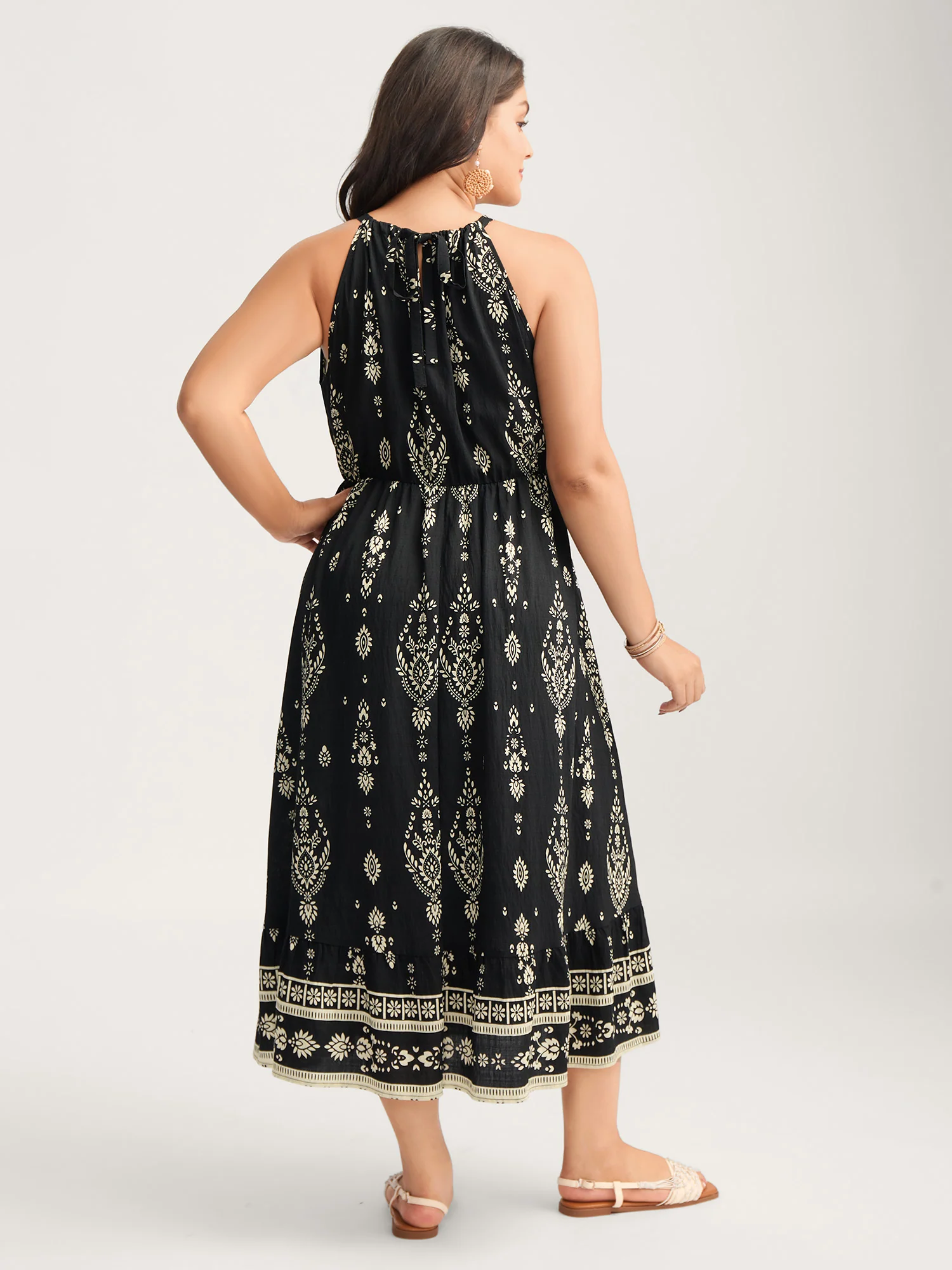 Boho Print Halter Neck Pockets Midi Dress - Image 4
