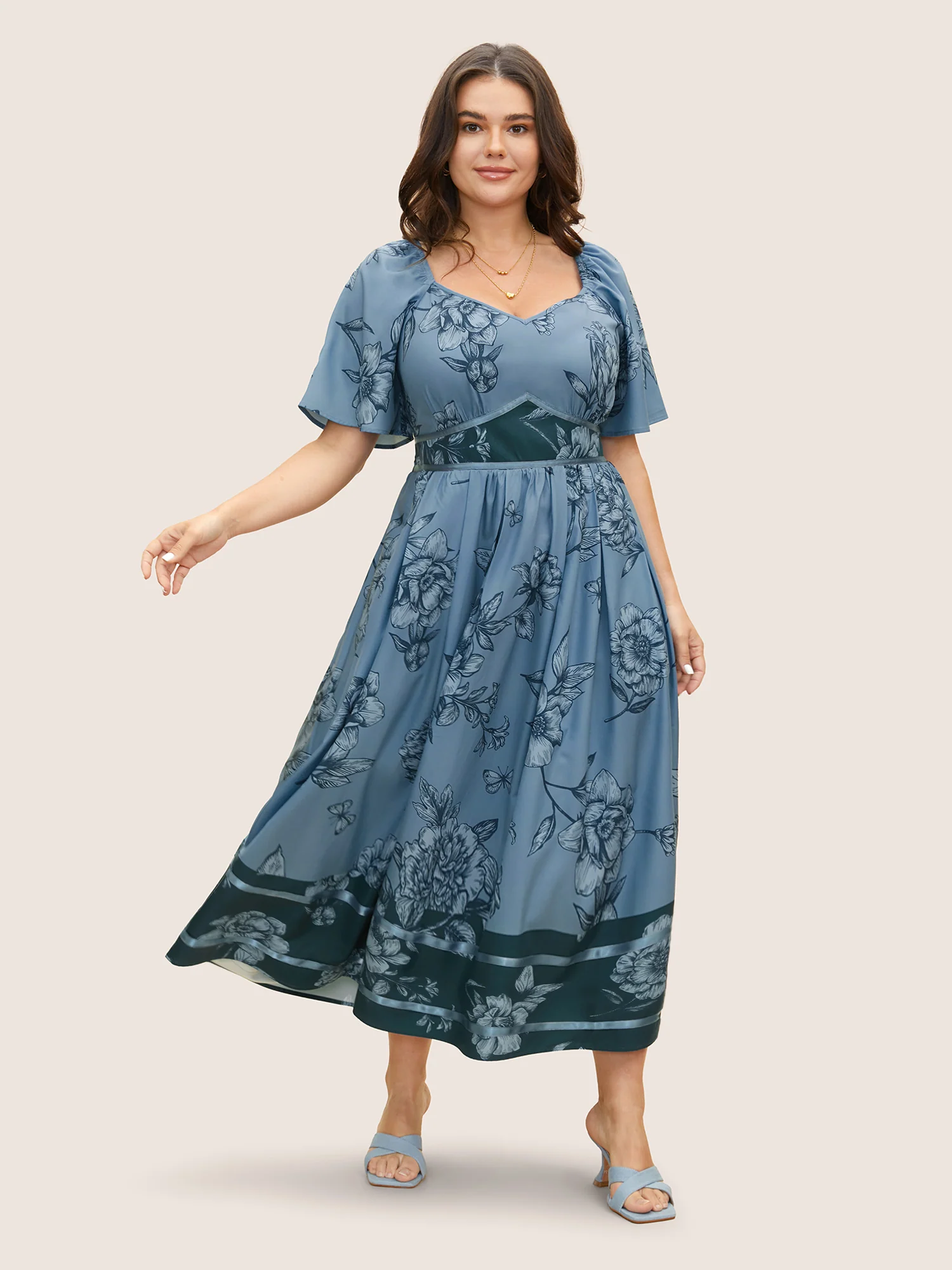 Boho Print Heart Neckline Ruffle Sleeve Maxi Dress - Image 2