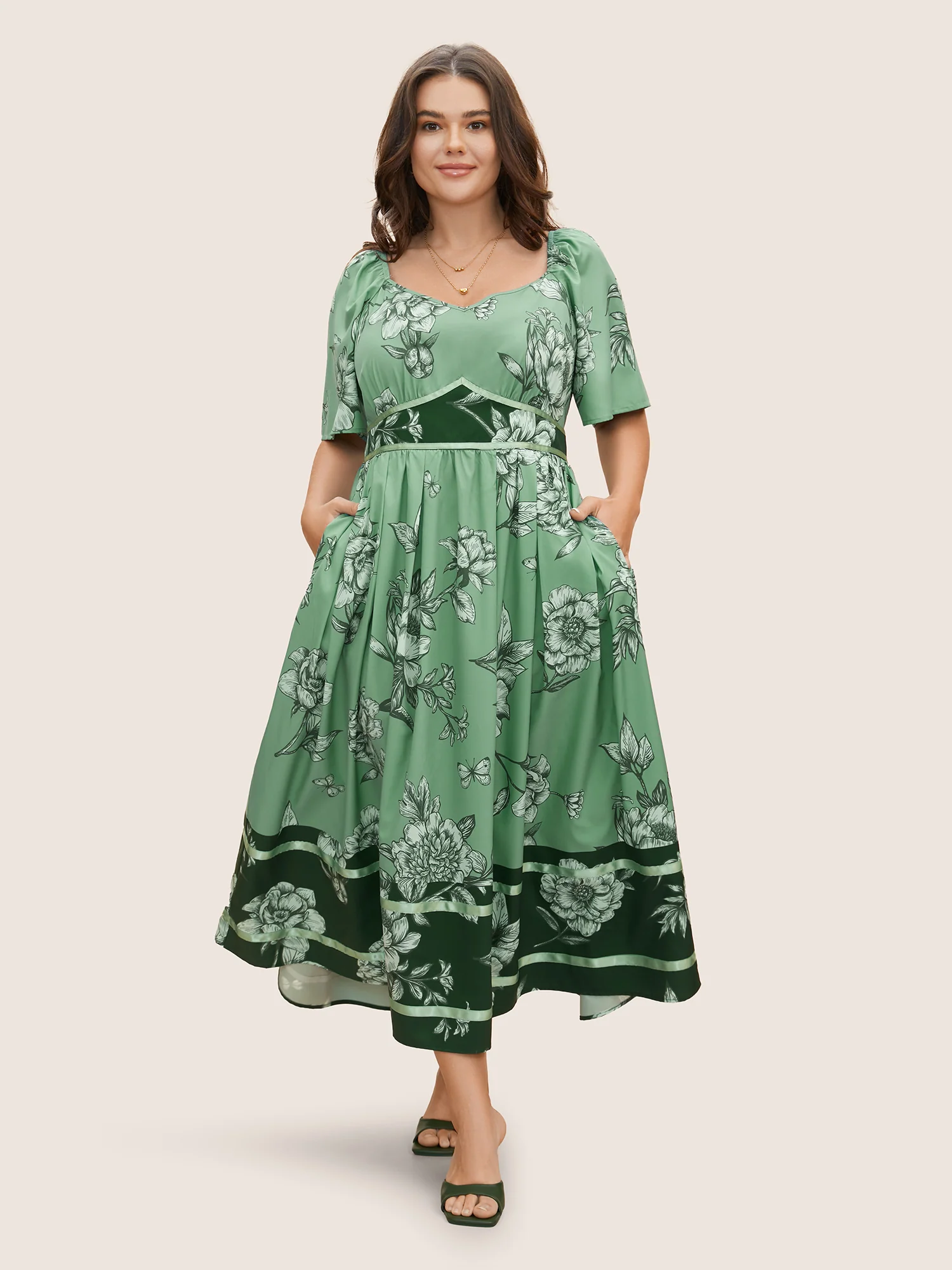 Boho Print Heart Neckline Ruffle Sleeve Maxi Dress - Image 4