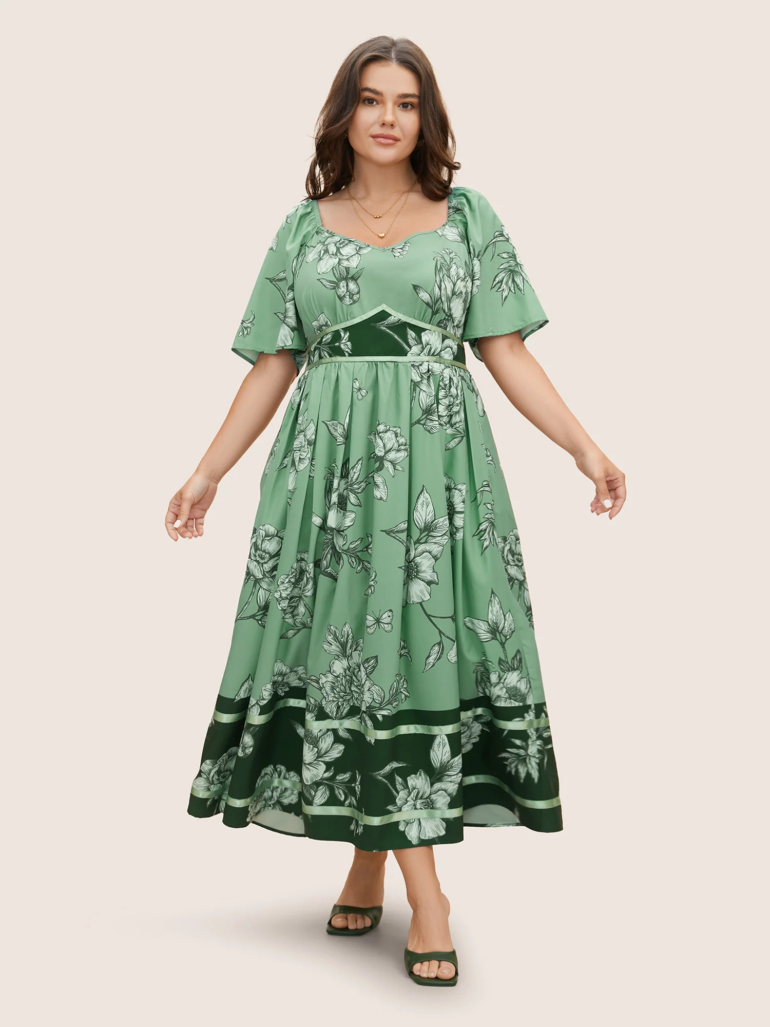 Boho Print Heart Neckline Ruffle Sleeve Maxi Dress - Image 5
