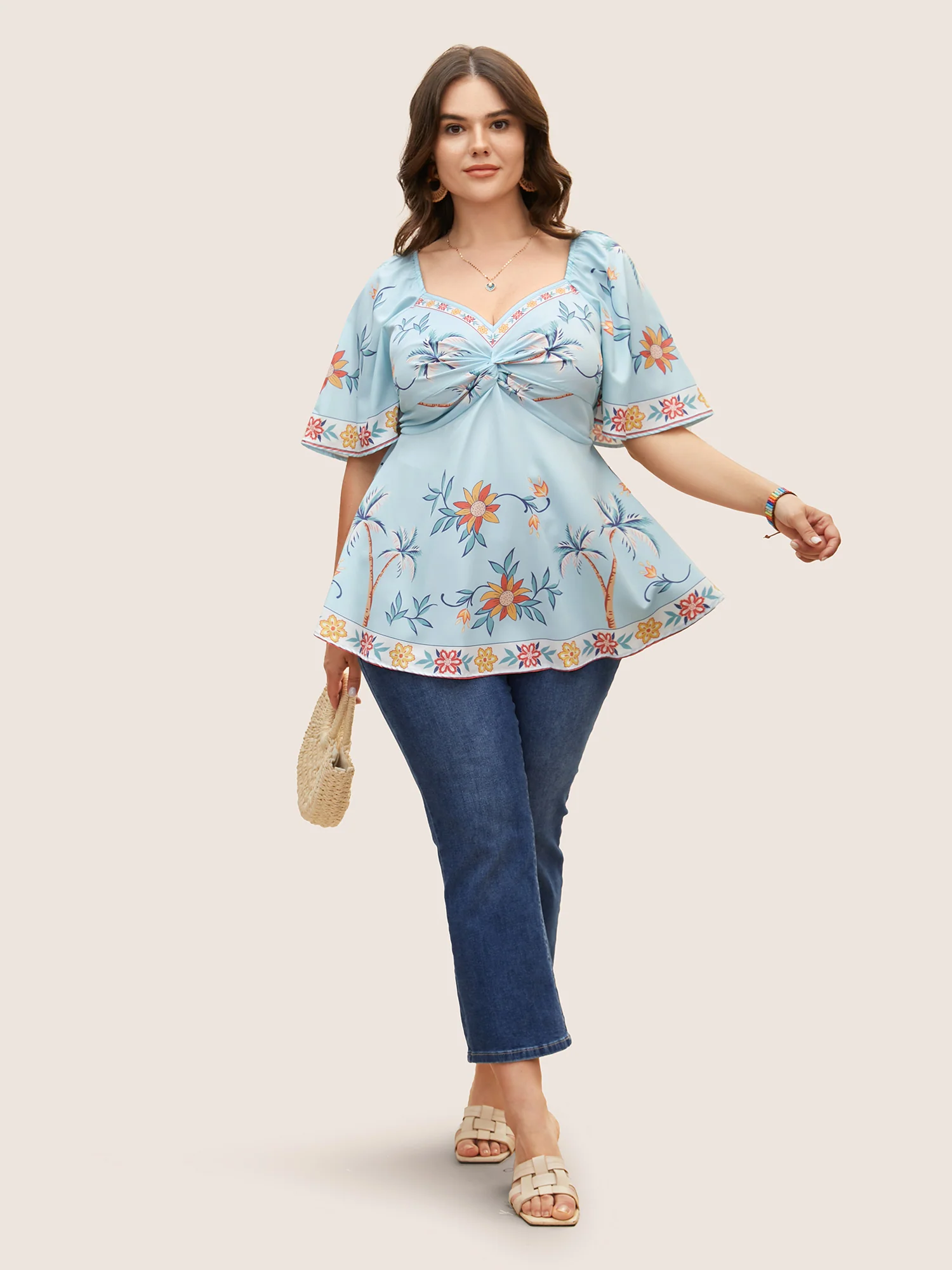 Boho Print Heart Neckline Twist Front Blouse - Image 2