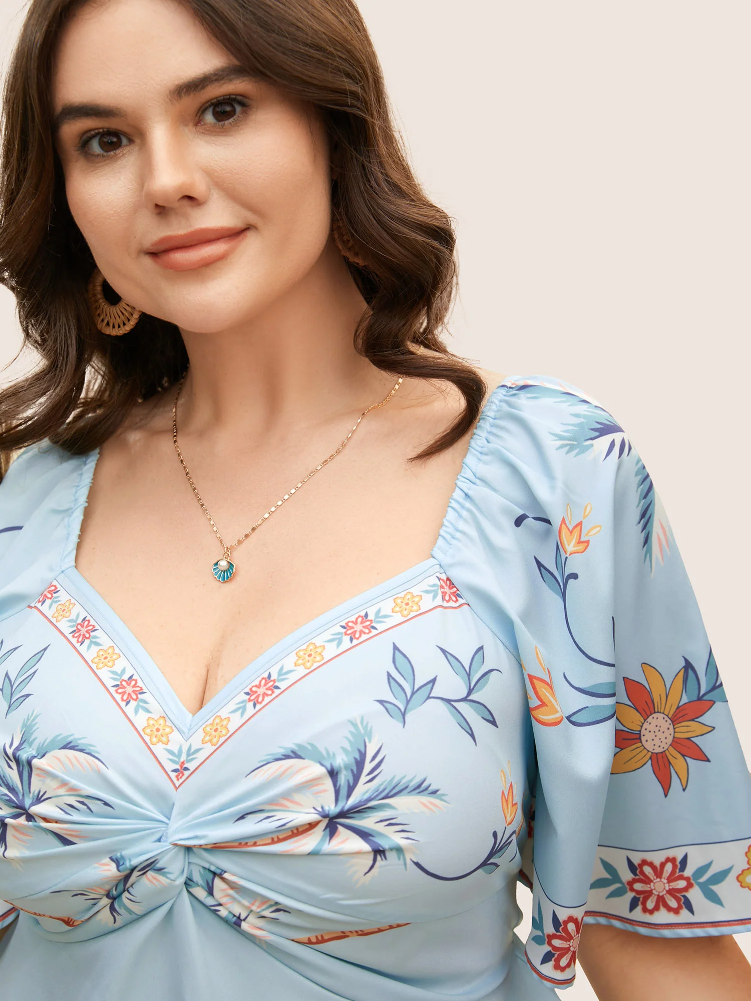 Boho Print Heart Neckline Twist Front Blouse - Image 3