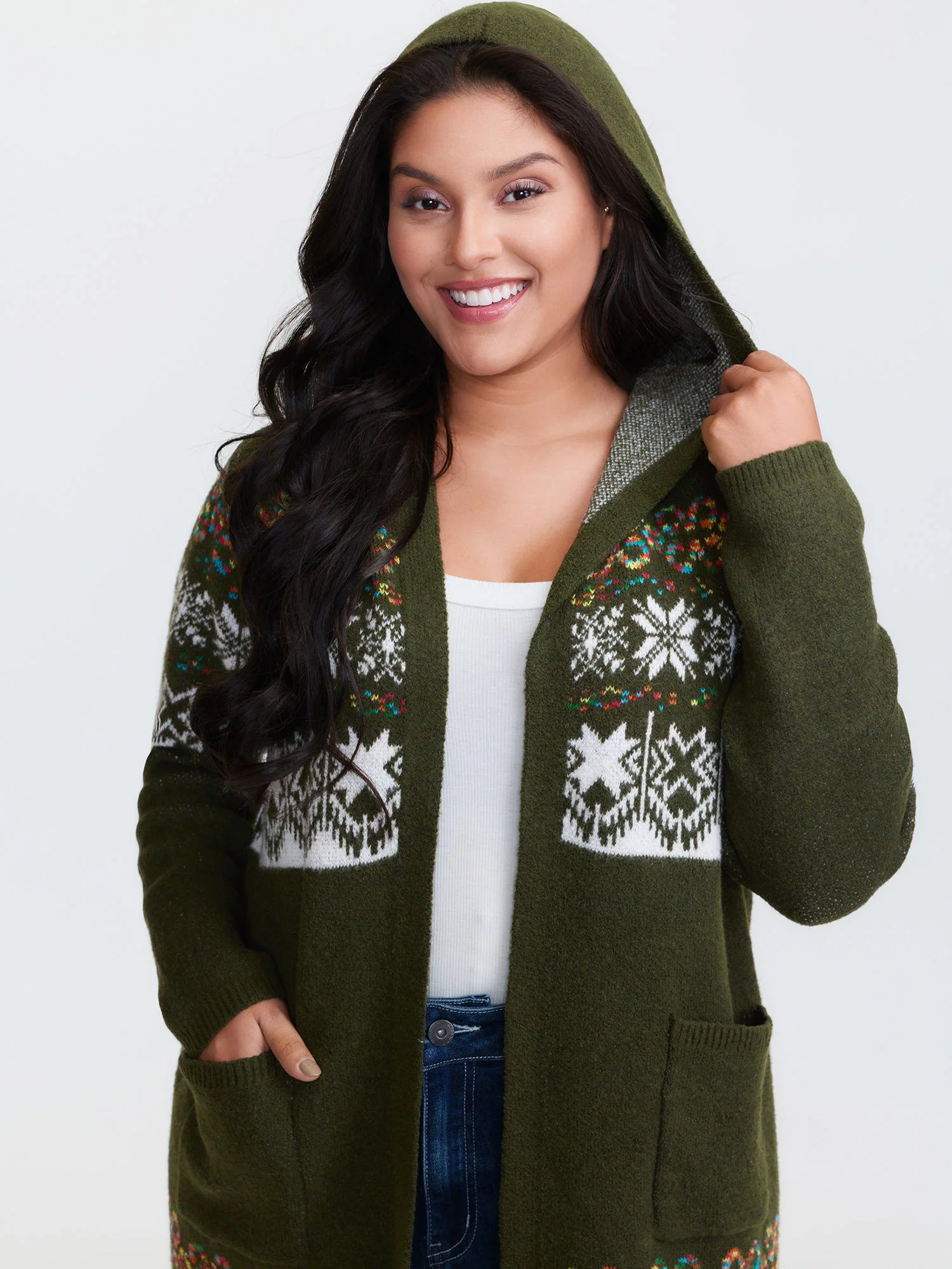 Boho Print Jacquard Hooded Knit Cardigan - Image 11