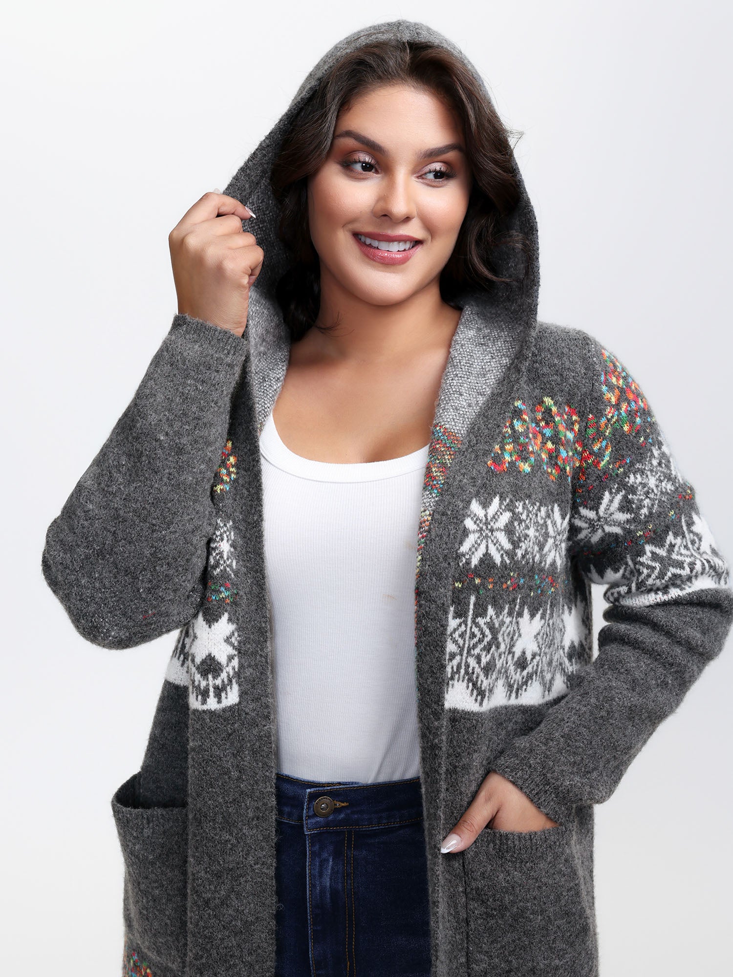 Boho Print Jacquard Hooded Knit Cardigan - Image 2