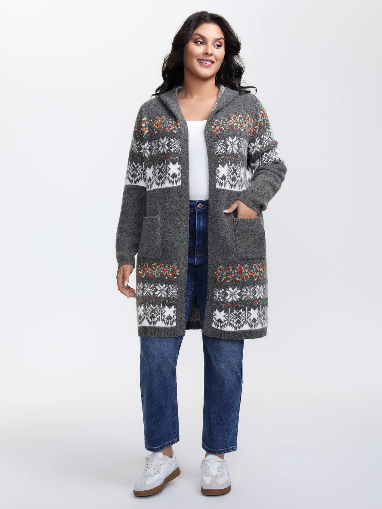 Boho Print Jacquard Hooded Knit Cardigan - Image 3