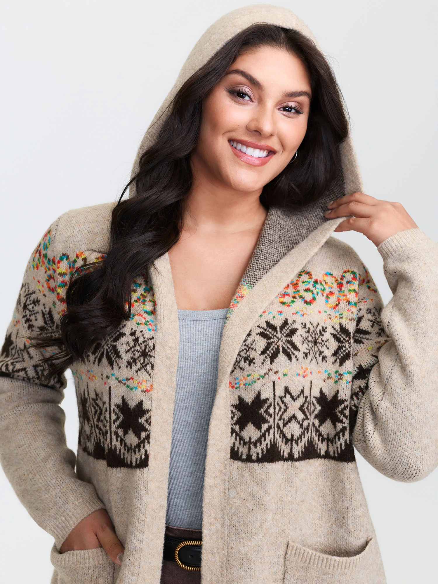 Boho Print Jacquard Hooded Knit Cardigan - Image 32