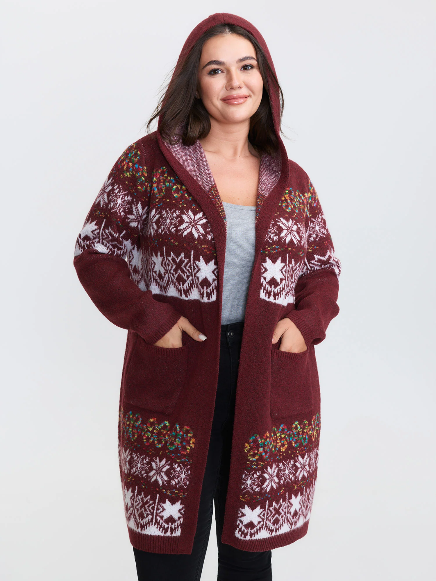Boho Print Jacquard Hooded Knit Cardigan - Image 35