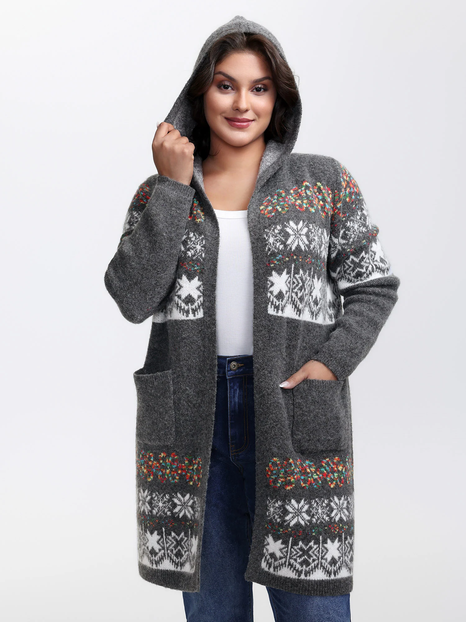 Boho Print Jacquard Hooded Knit Cardigan - Image 4