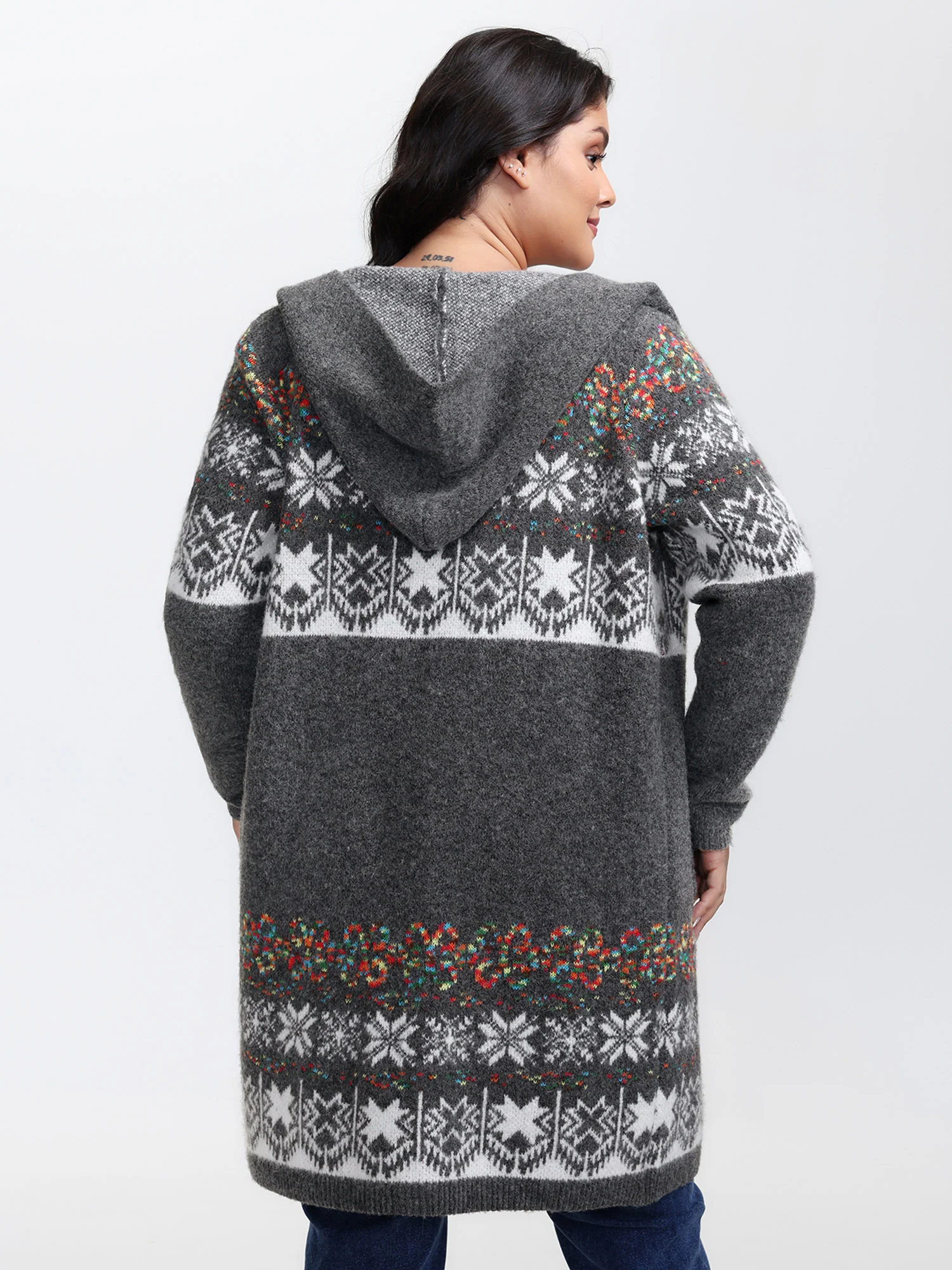 Boho Print Jacquard Hooded Knit Cardigan - Image 5