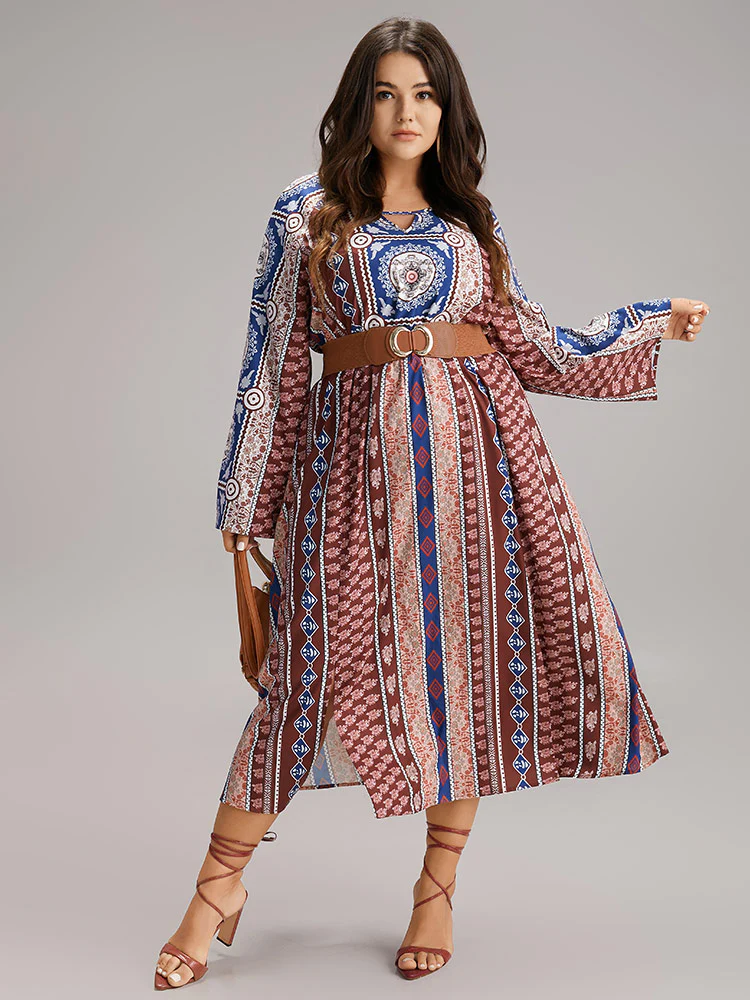 Boho Print Keyhole Split Hem Pocket Dress - Image 2