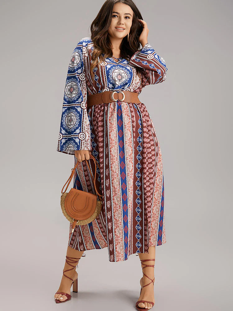 Boho Print Keyhole Split Hem Pocket Dress - Image 3