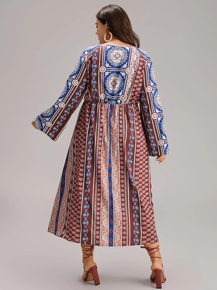 Boho Print Keyhole Split Hem Pocket Dress - Image 4
