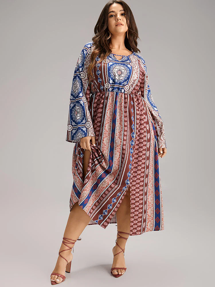 Boho Print Keyhole Split Hem Pocket Dress - Image 5