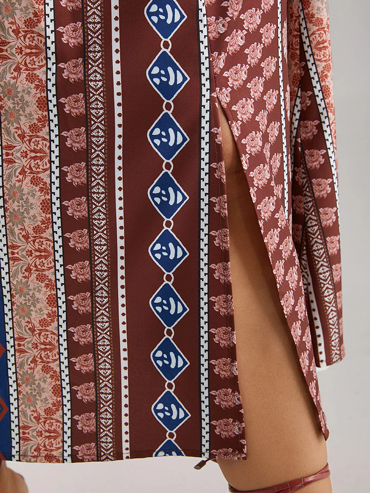 Boho Print Keyhole Split Hem Pocket Dress - Image 8
