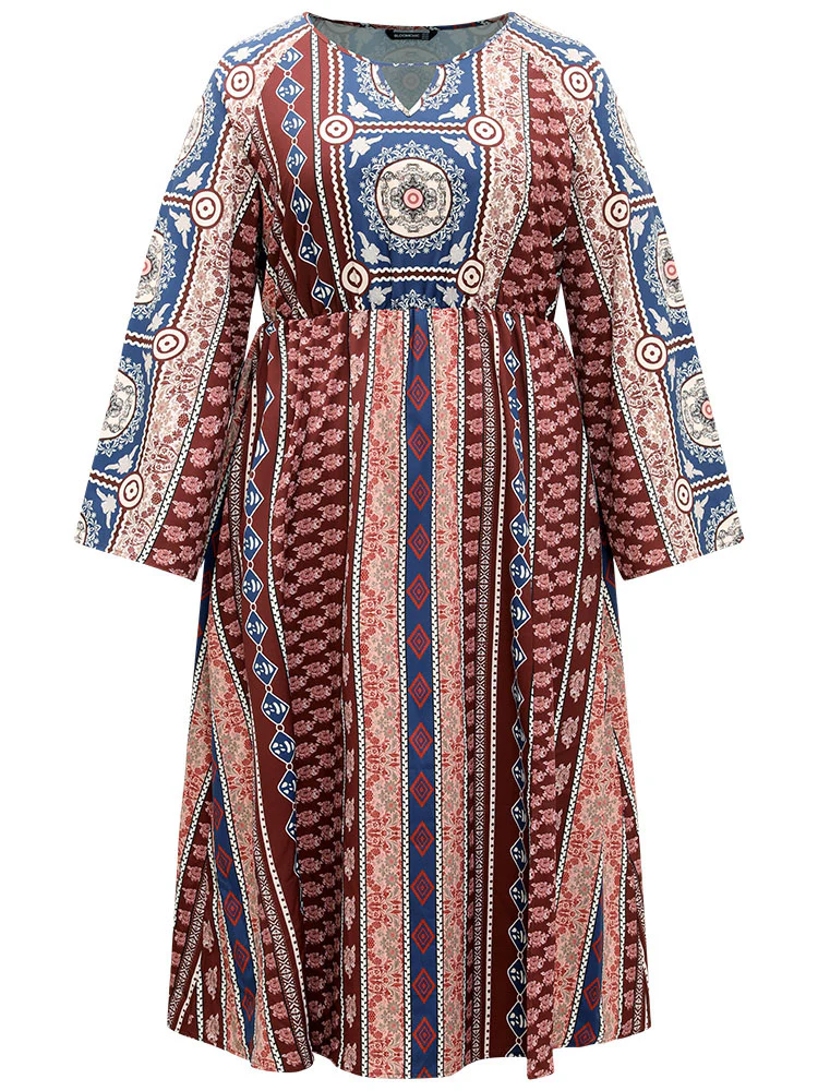 Boho Print Keyhole Split Hem Pocket Dress - Image 9