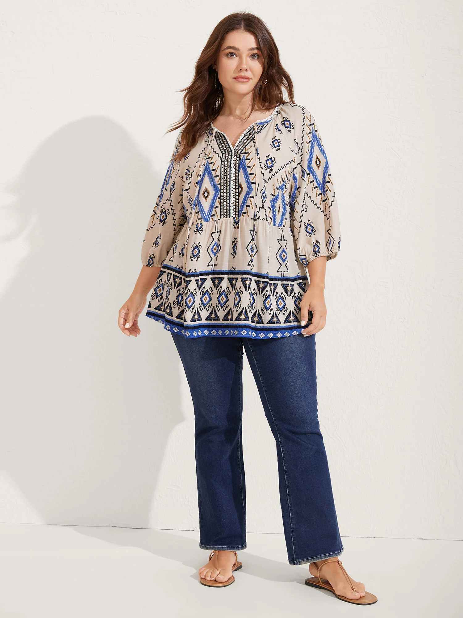 Boho Print Lace Detail Neck Tie Blouse - Image 3