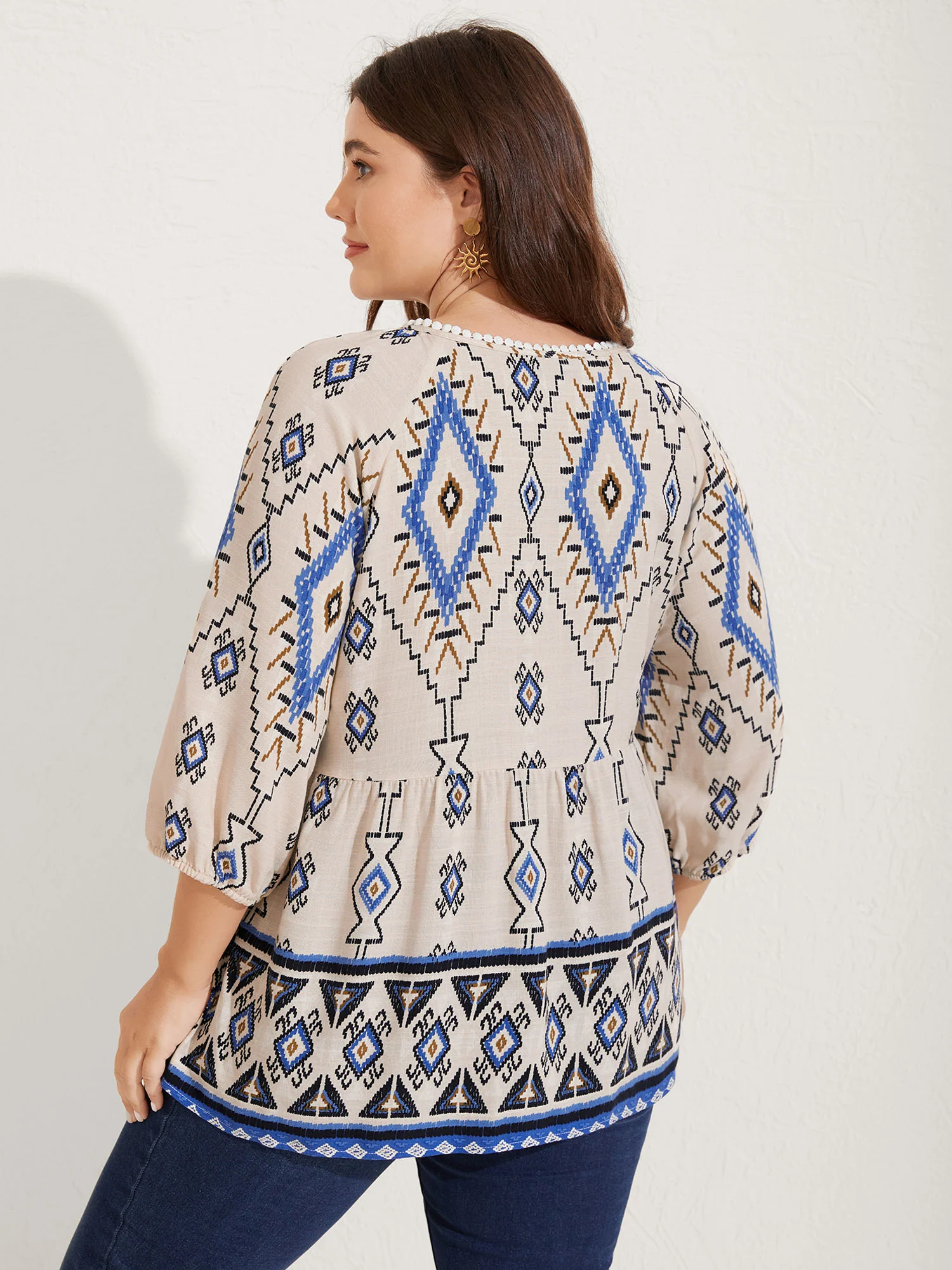 Boho Print Lace Detail Neck Tie Blouse - Image 4