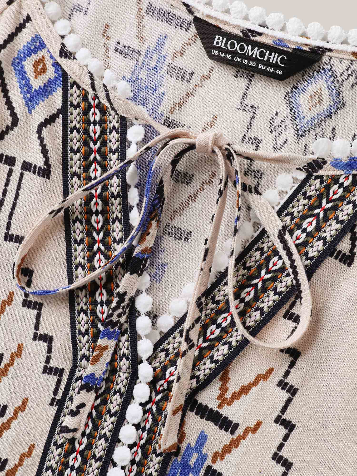 Boho Print Lace Detail Neck Tie Blouse - Image 5