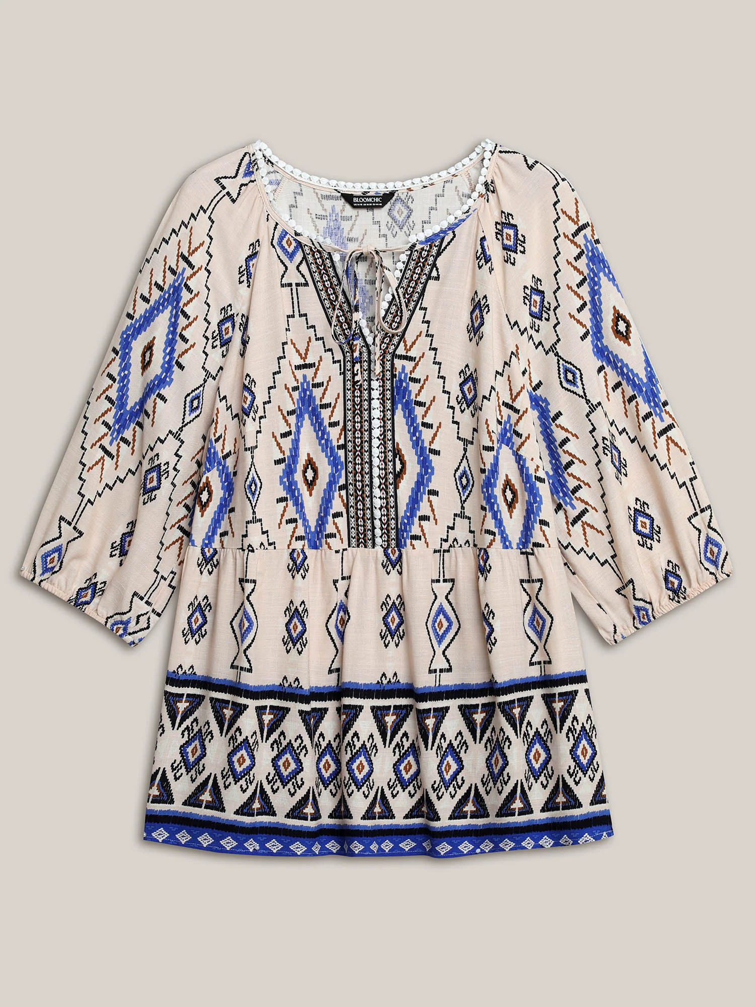 Boho Print Lace Detail Neck Tie Blouse - Image 7