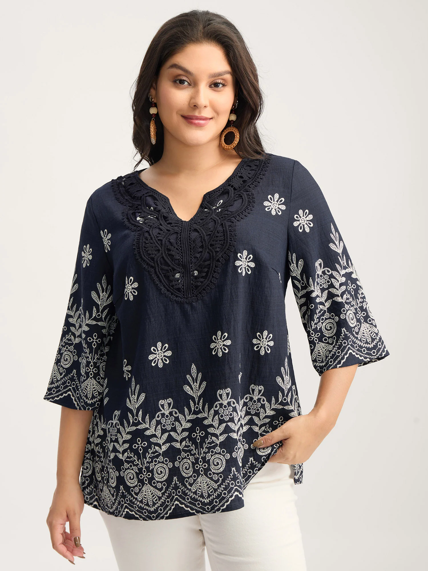 Boho Print Lace Neck Blouse - Image 2