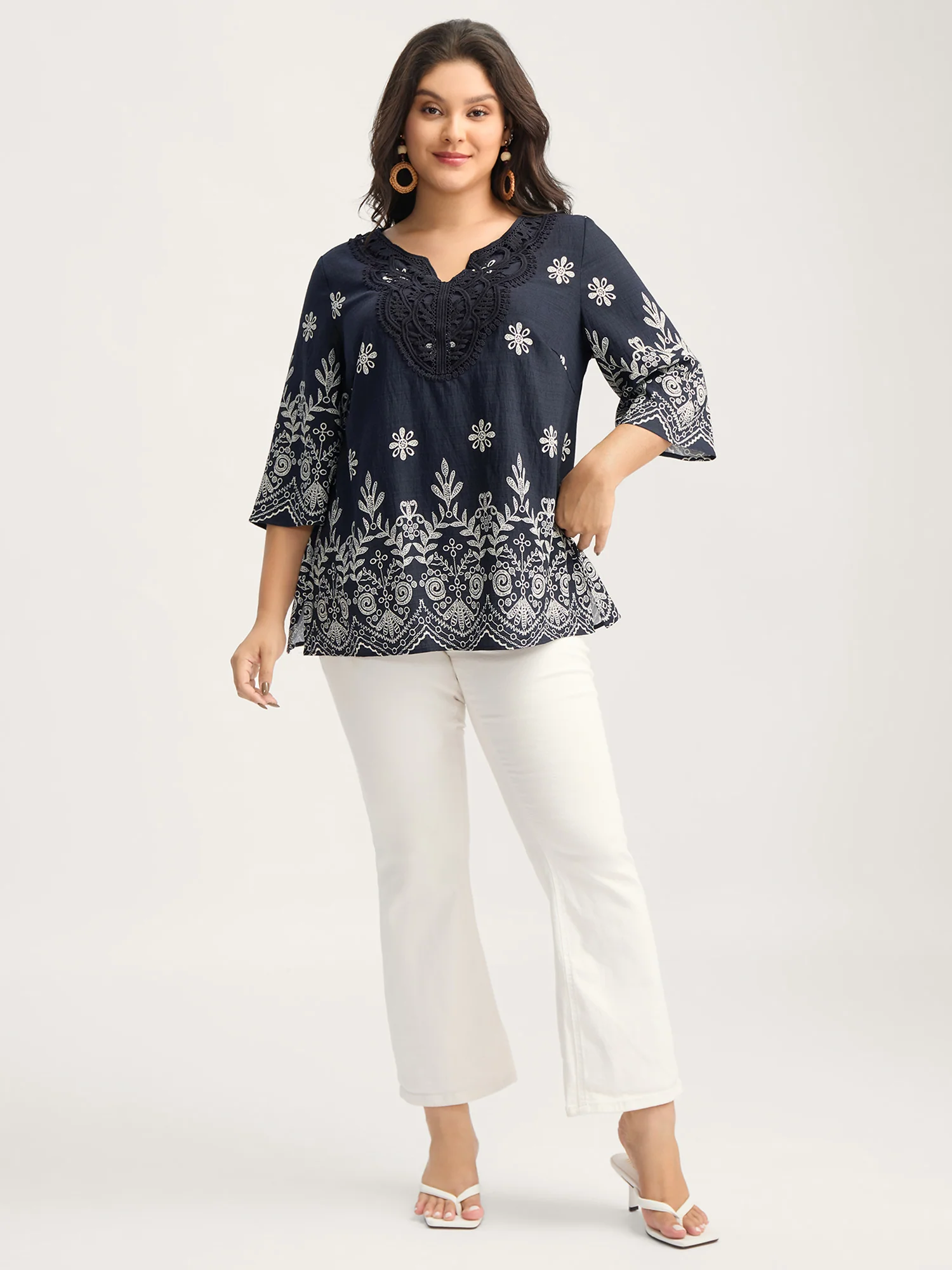Boho Print Lace Neck Blouse - Image 3