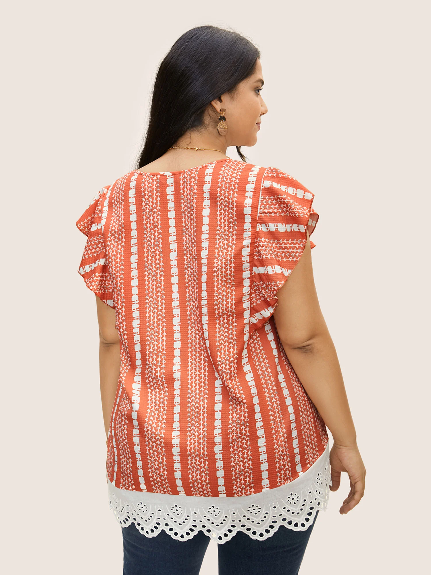Boho Print Lace Panel Cap Sleeve Blouse - Image 3