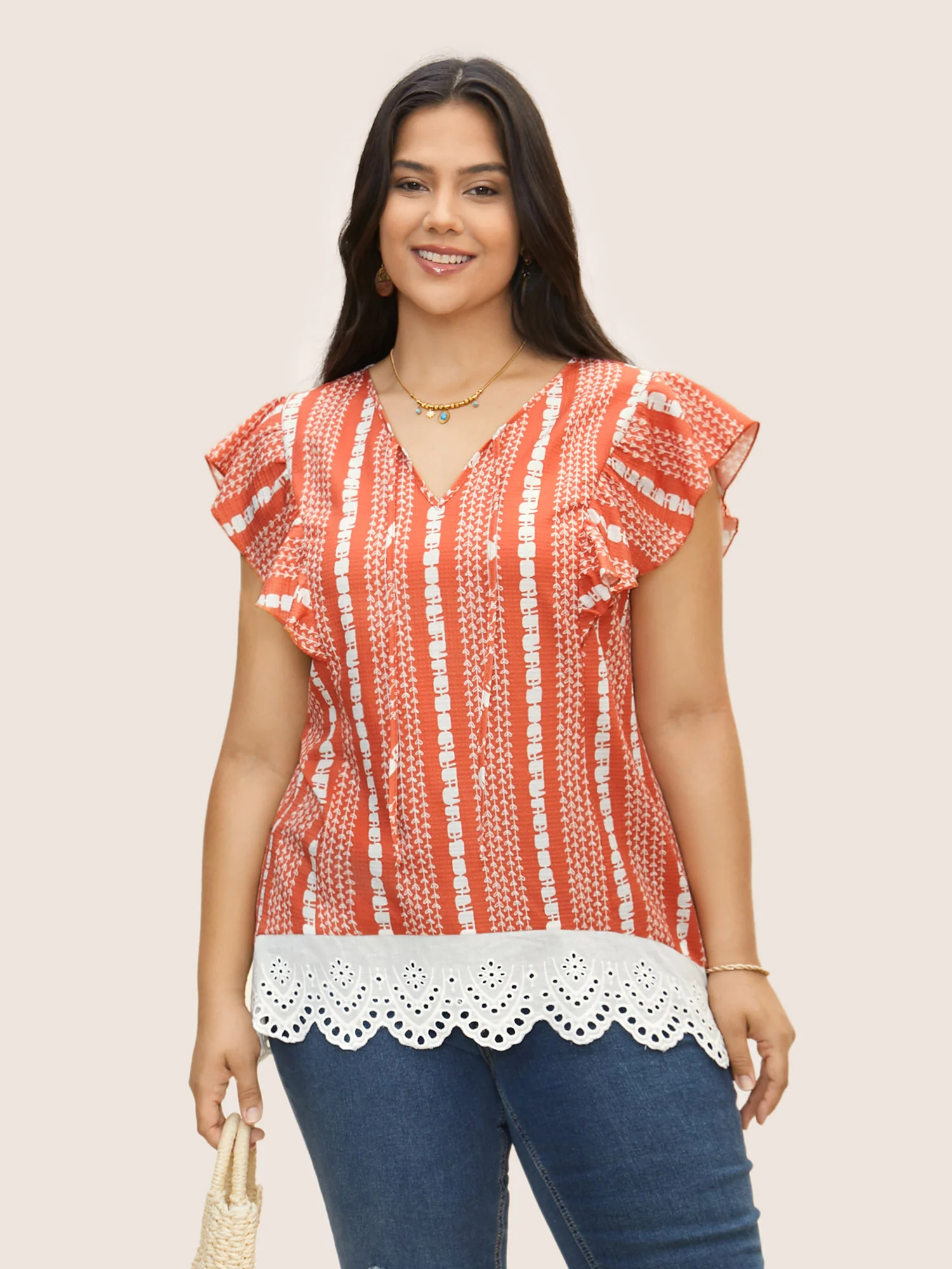 Boho Print Lace Panel Cap Sleeve Blouse - Image 4